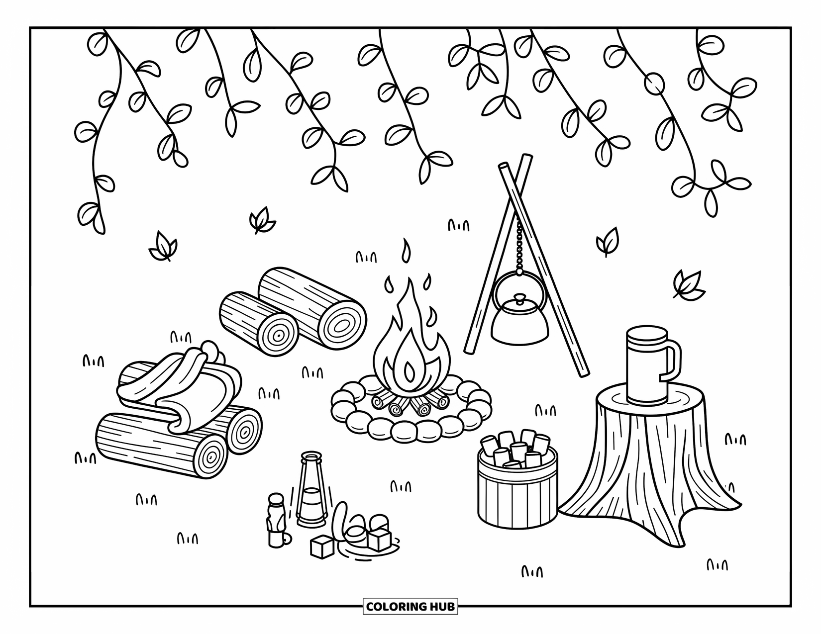 Cozy Fall Coloring Page for Adults: A campfire scene in the woods with blankets, lanterns, and a cozy snack setup