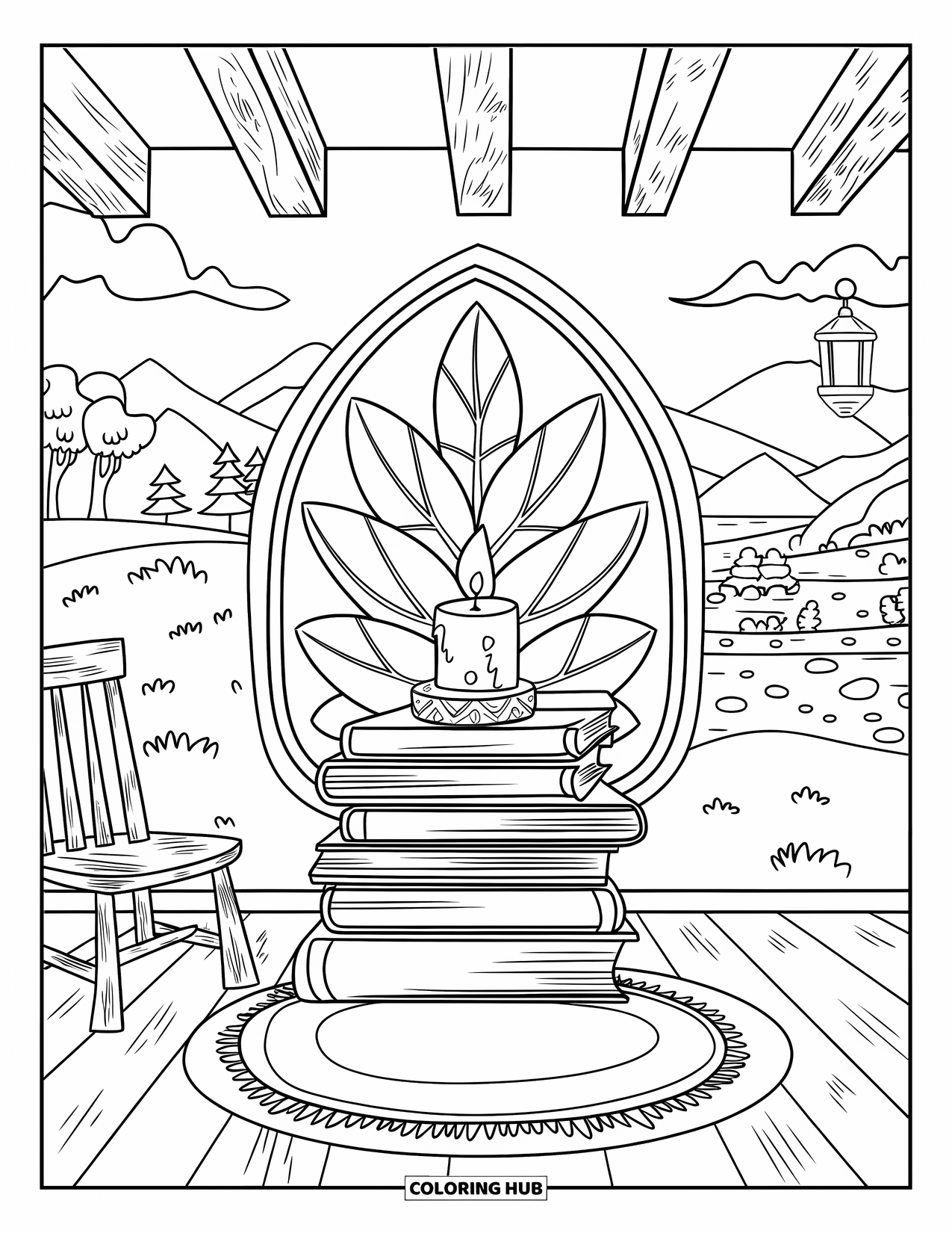 Cozy Fall Coloring Page for Adults: A cozy room with books, a candle, and a window looking out to nature