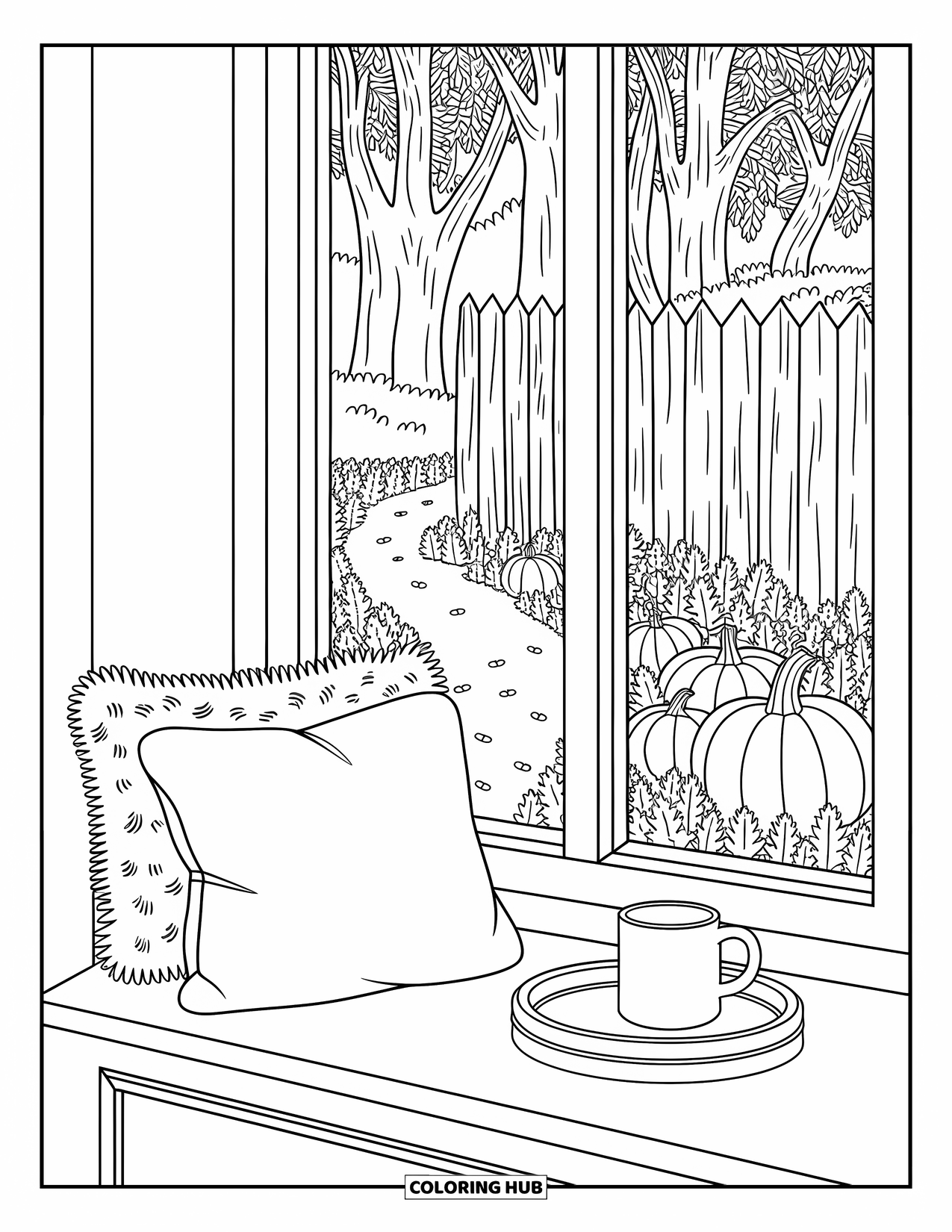 Cozy Fall Coloring Page for Adults: A cozy window nook with books, a pillow, a warm drink, and a forest view