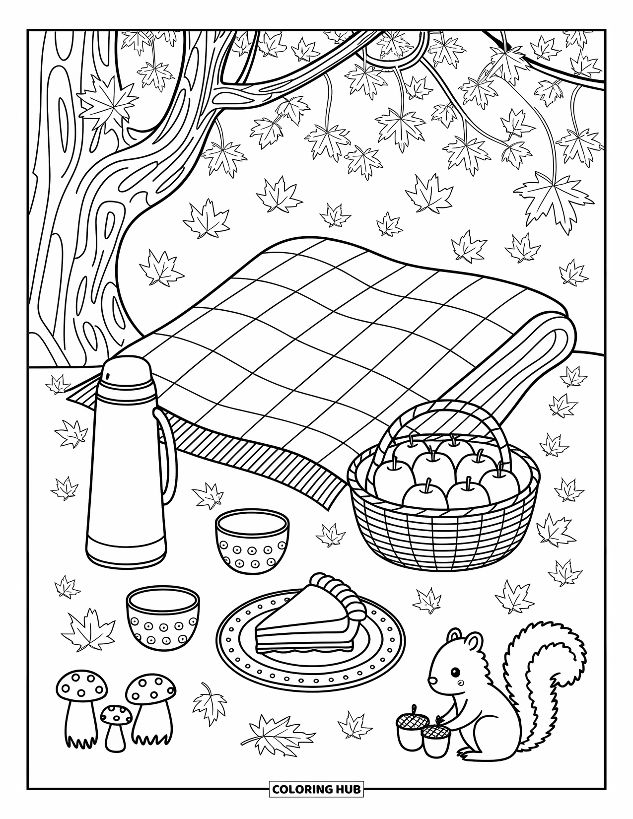 Cozy Fall Coloring Page for Adults: A forest blanket spread with pie, drinks, apples, and a squirrel near acorns