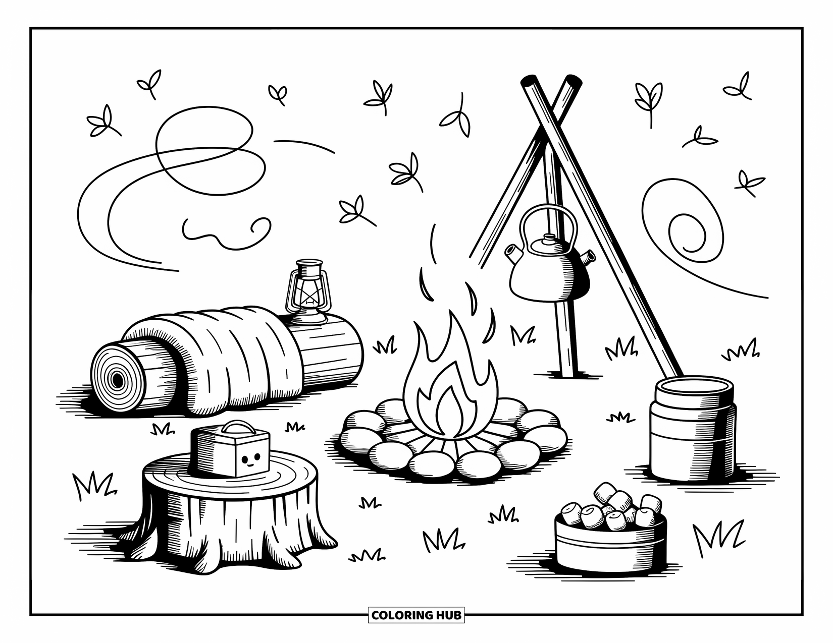 Cozy Fall Coloring Page for Adults: A forest clearing with a cozy campfire, kettle, and blanket-covered logs