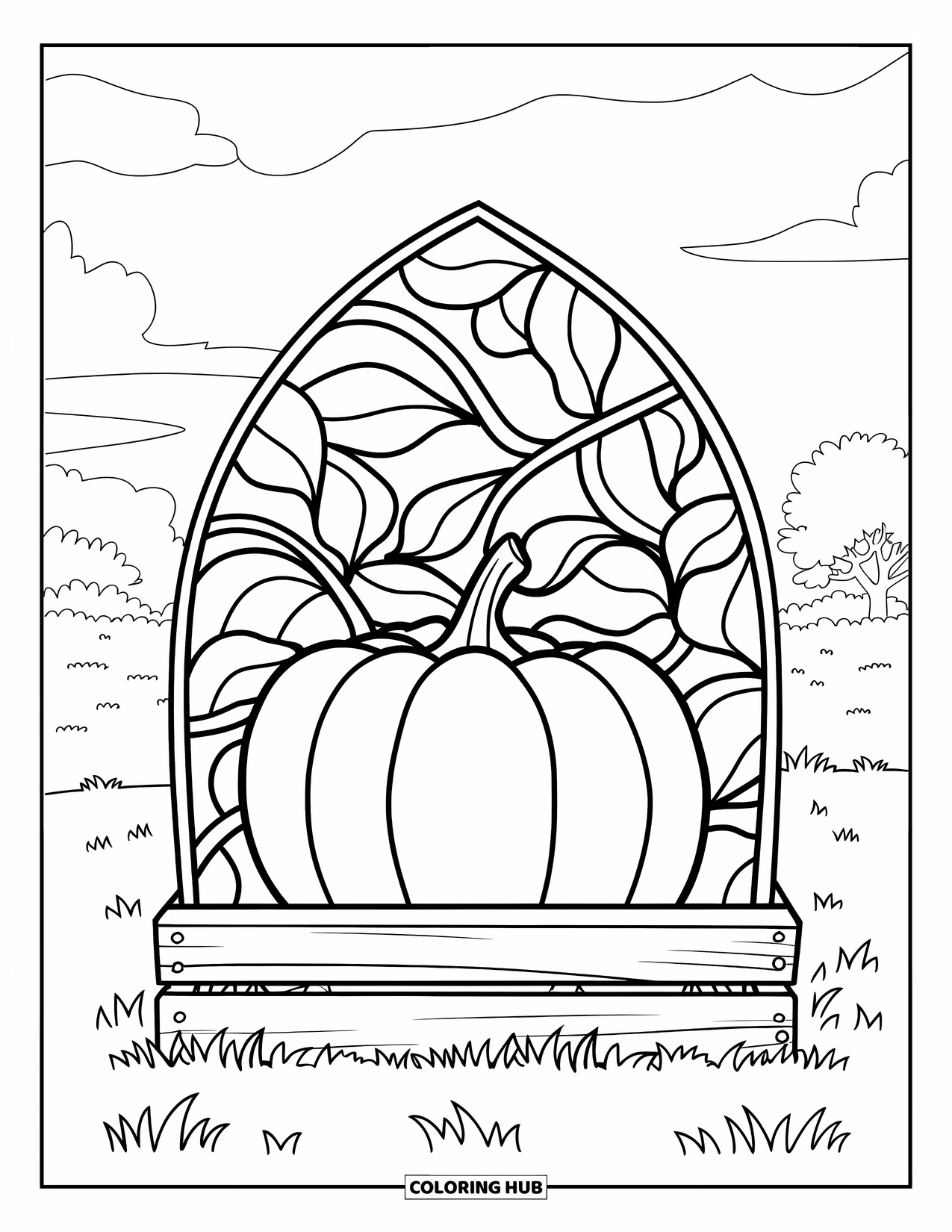 Cozy Fall Coloring Page for Adults: A pumpkin with a green stem rests on a crate among trees and grass