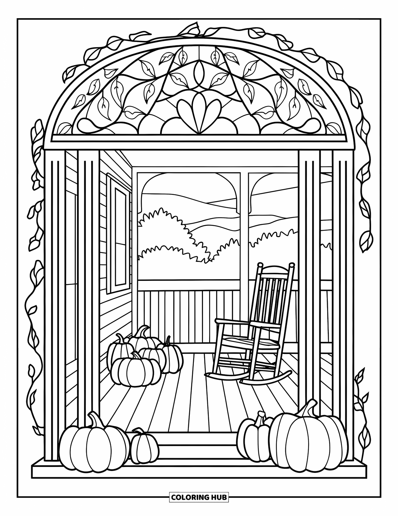 Cozy Fall Coloring Page for Adults: A rocking chair and pumpkins sit on a porch with a leafy stained glass arch