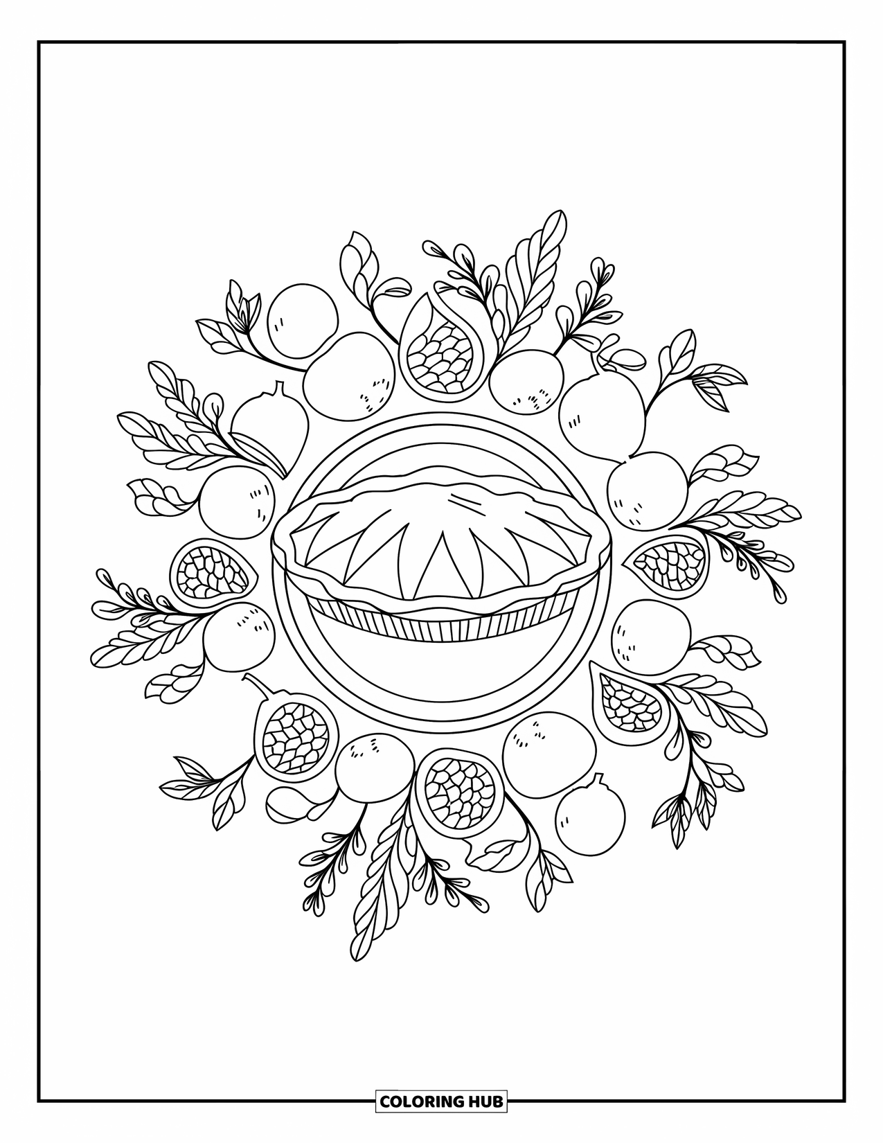 Cozy Fall Coloring Page for Adults: A round pie rests inside a pretty mandala made of fruits and leaves