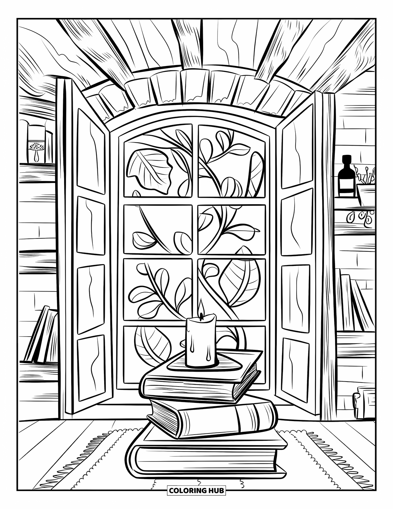 Cozy Fall Coloring Page for Adults: A rustic room with books, a candle, and a leaf-decorated window
