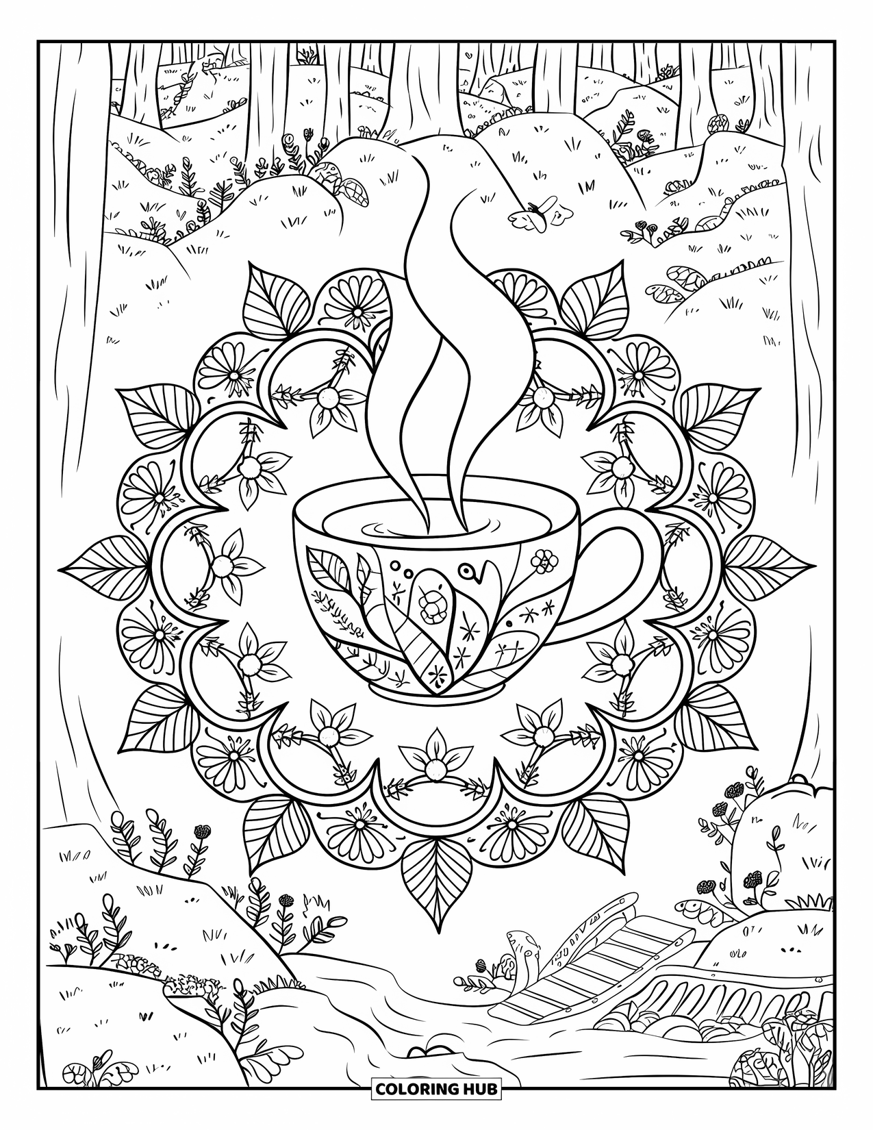 Cozy Fall Coloring Page for Adults: A tea cup in a mandala with animals, leaves, and forest details