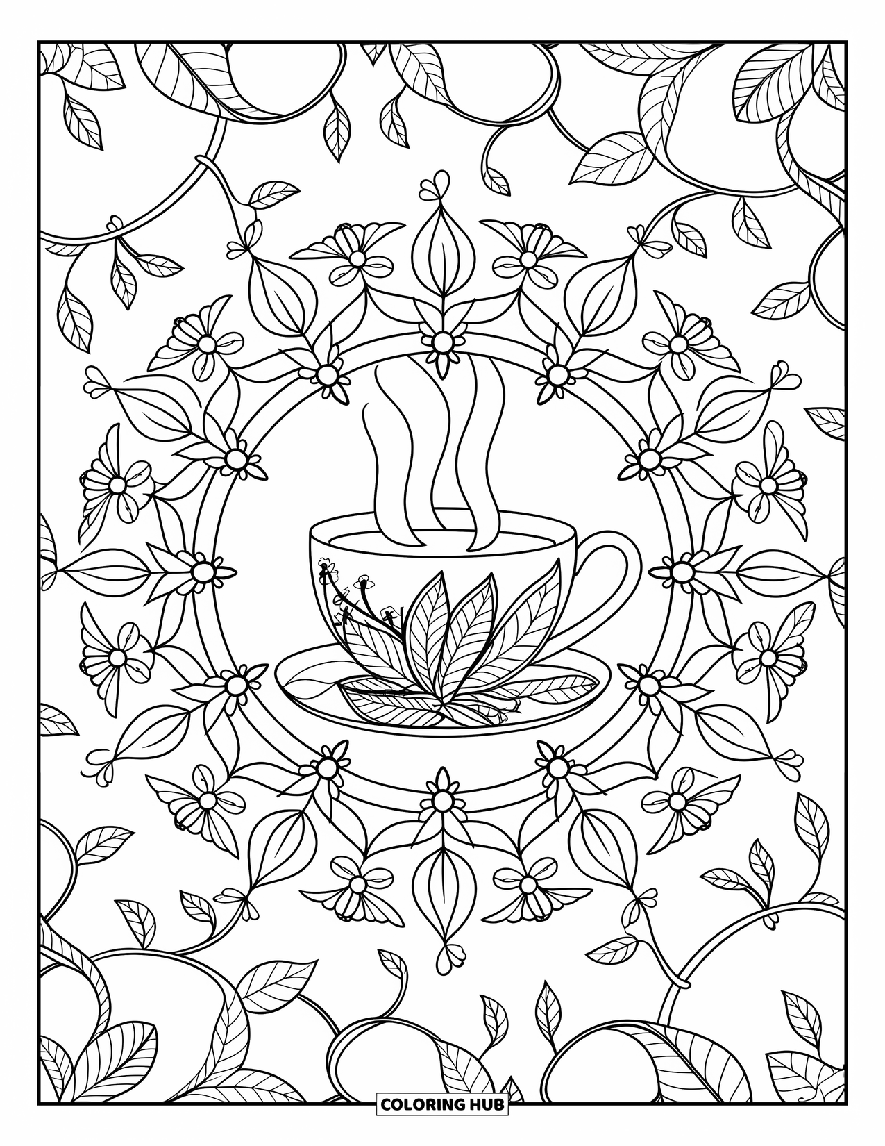 Cozy Fall Coloring Page for Adults: A tea cup is surrounded by a mandala of leaves and flowers