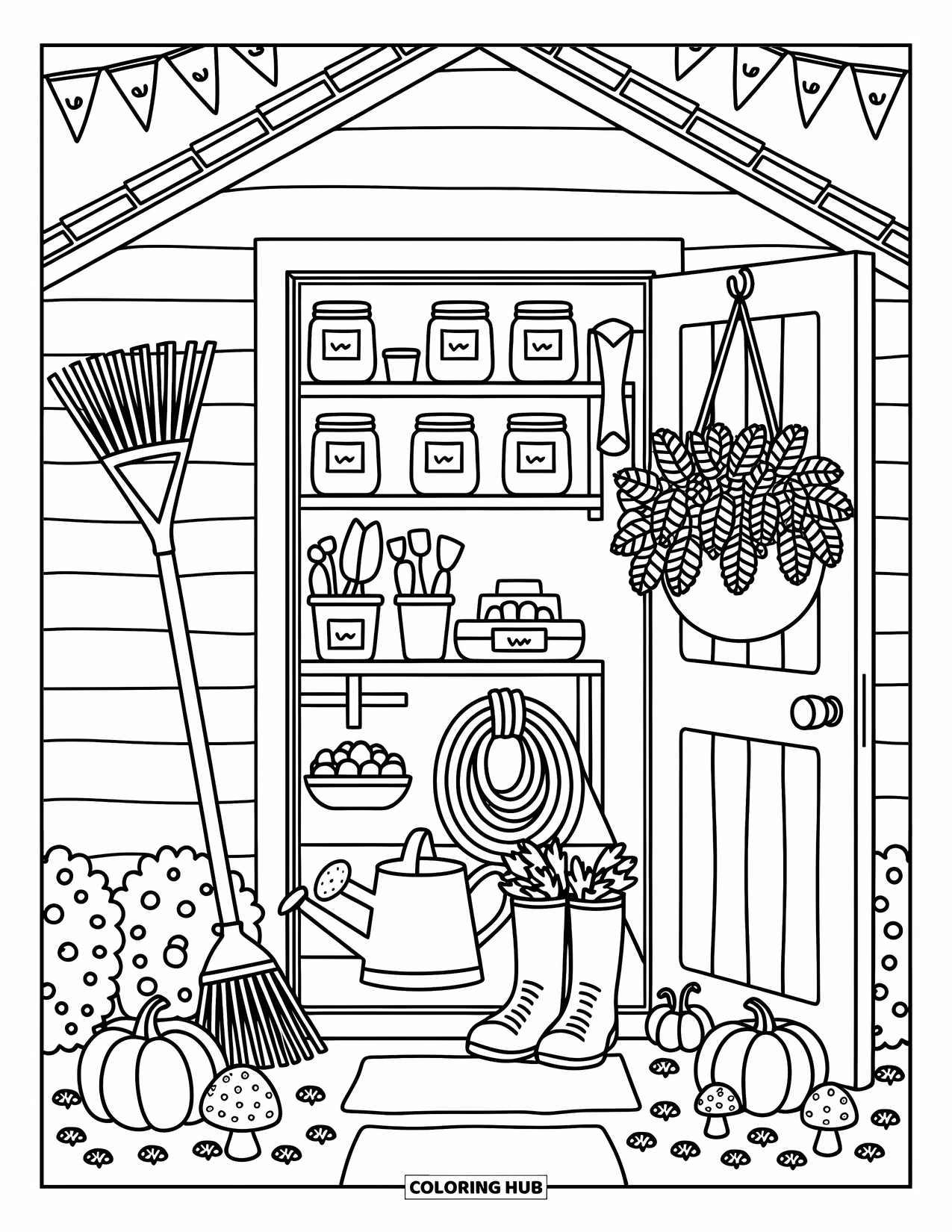 Cozy Fall Coloring Page for Adults: A tidy garden shed filled with autumn tools, pumpkins, and playful mushrooms