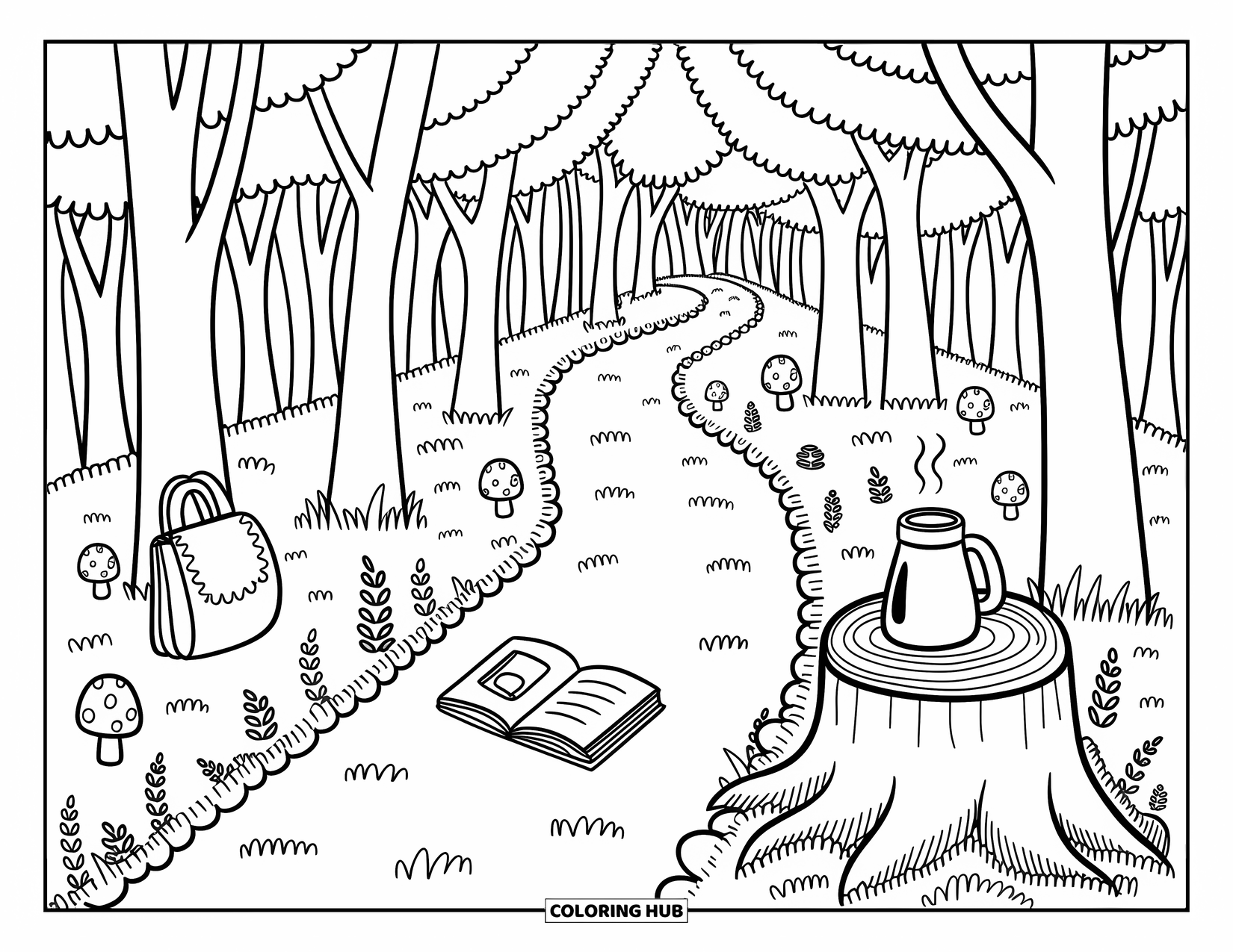 Cozy Fall Coloring Page for Adults: A winding trail through the forest with soft leaves, mushrooms, and scattered essentials