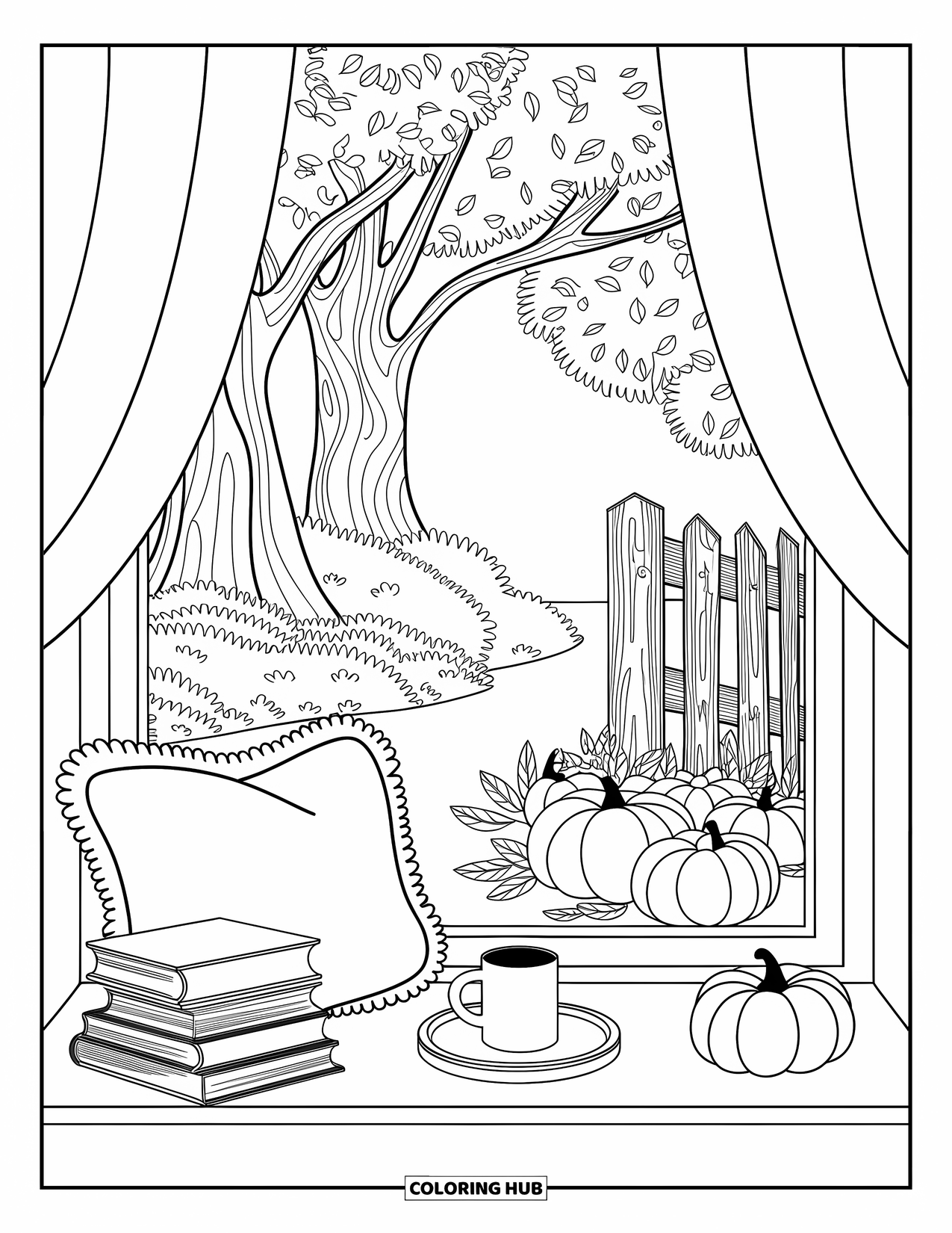 Cozy Fall Coloring Page for Adults: A window seat with soft light, swirling leaves, and a comforting stack of books