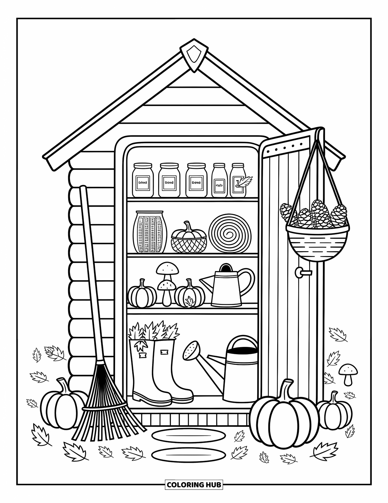 Cozy Fall Coloring Page for Adults: An autumn garden shed scene with boots, tools, pumpkins, and tiny pinecones