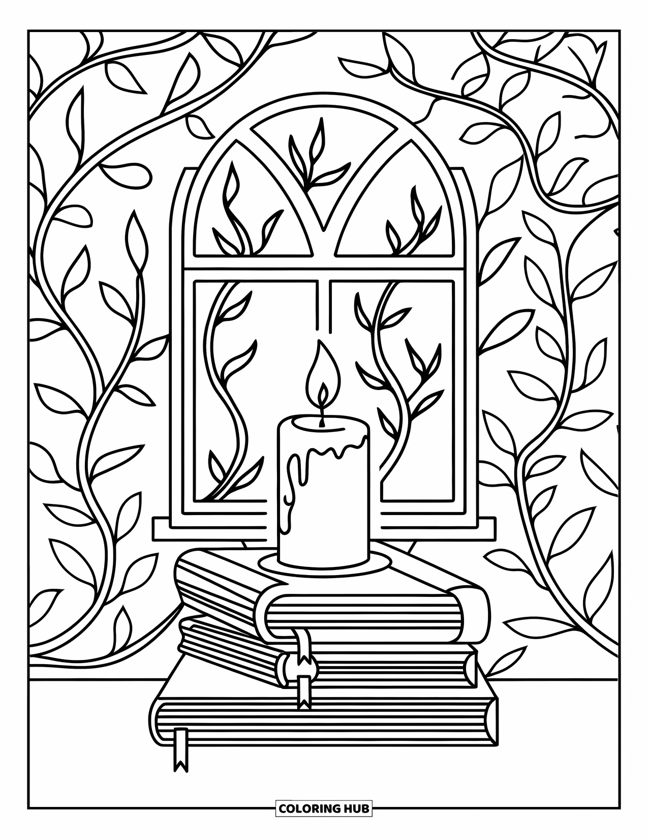 Cozy Fall Coloring Page for Adults: Books and a candle rest near a window framed by branches and leaves