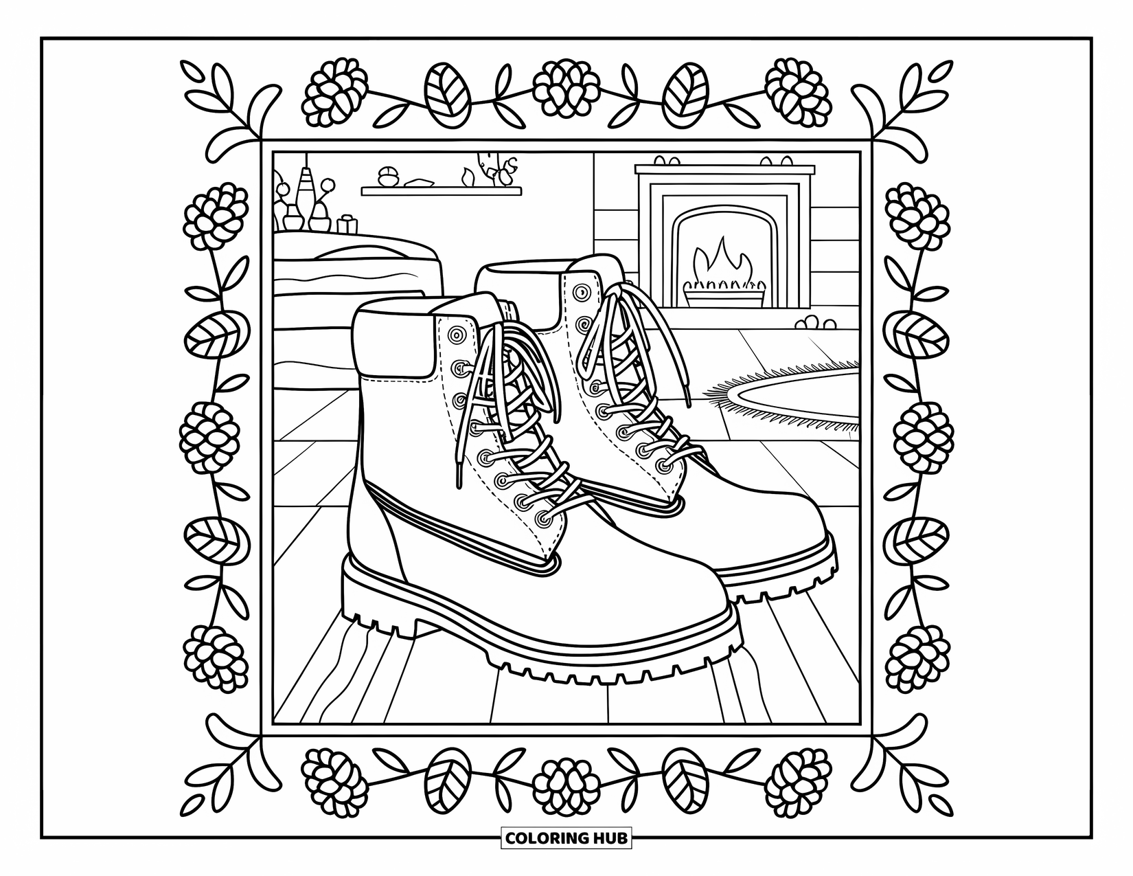 Cozy Fall Coloring Page for Adults: Fall boots rest near a cozy fireplace, framed by pinecones and leafy branches
