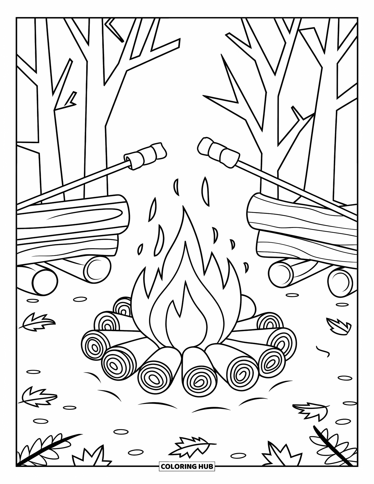 Cozy Fall Coloring Page for Kids: Campfire with roasting marshmallows and logs under bare-branched trees