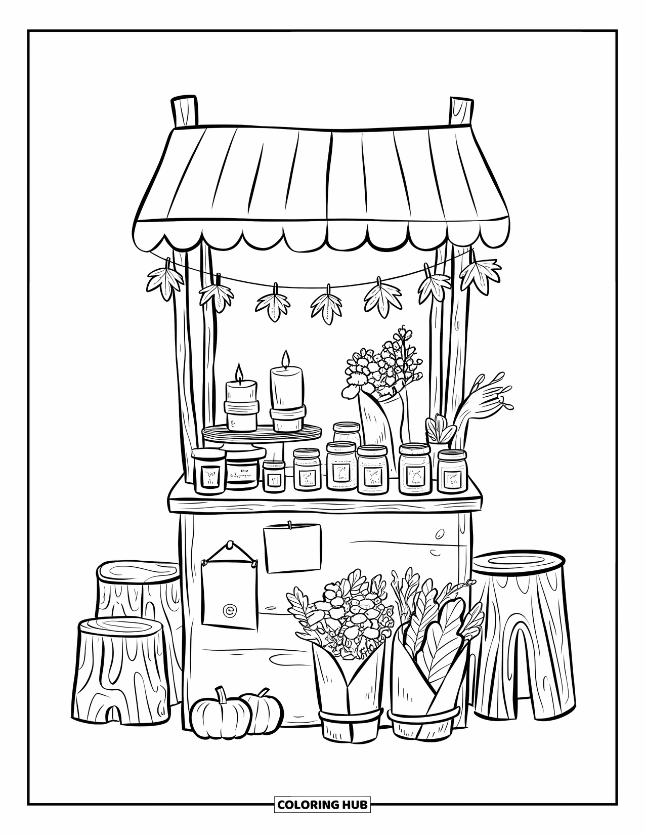 Cozy Fall Coloring Page for Kids: Cozy booth under a striped canopy with jam, flowers, and log stools