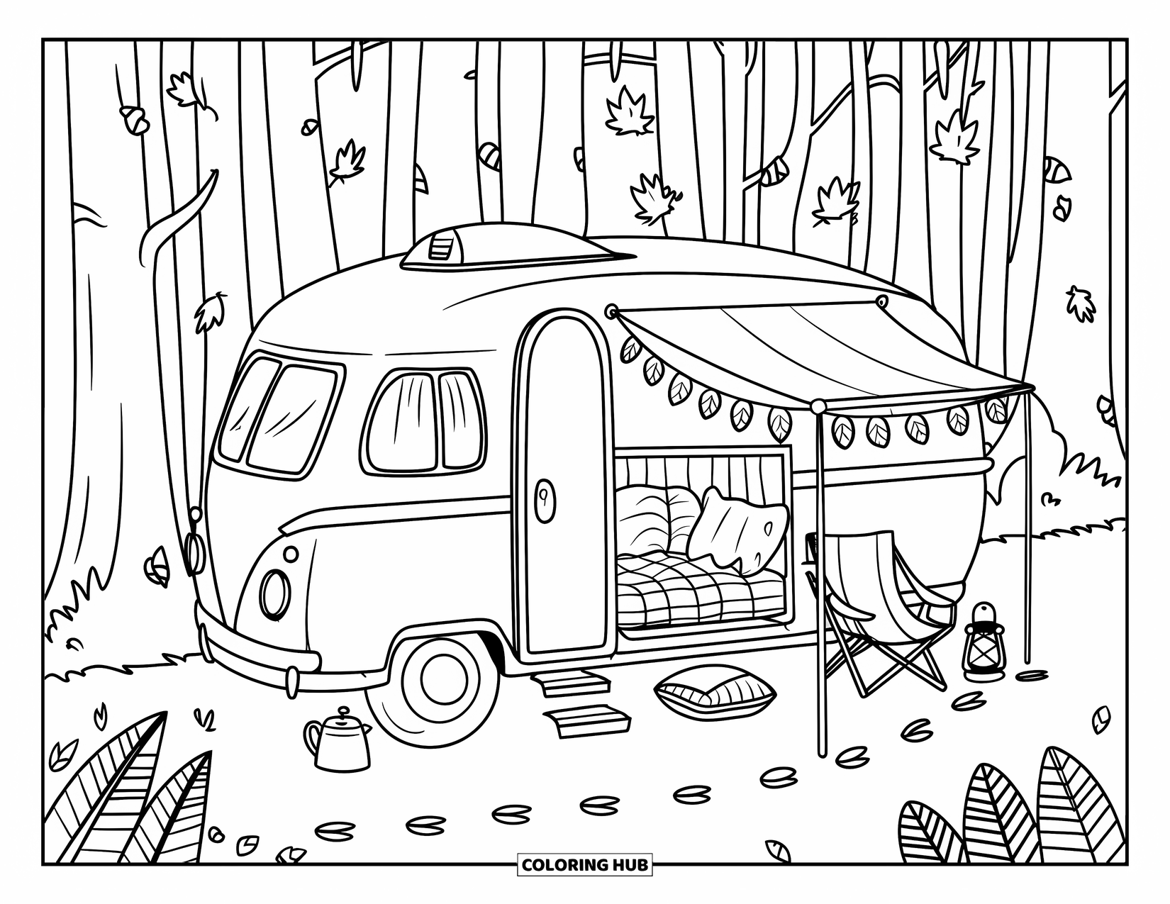 Cozy Fall Coloring Page for Kids: Cozy camper van parked under trees with leaf bunting, pillows, and scattered gear