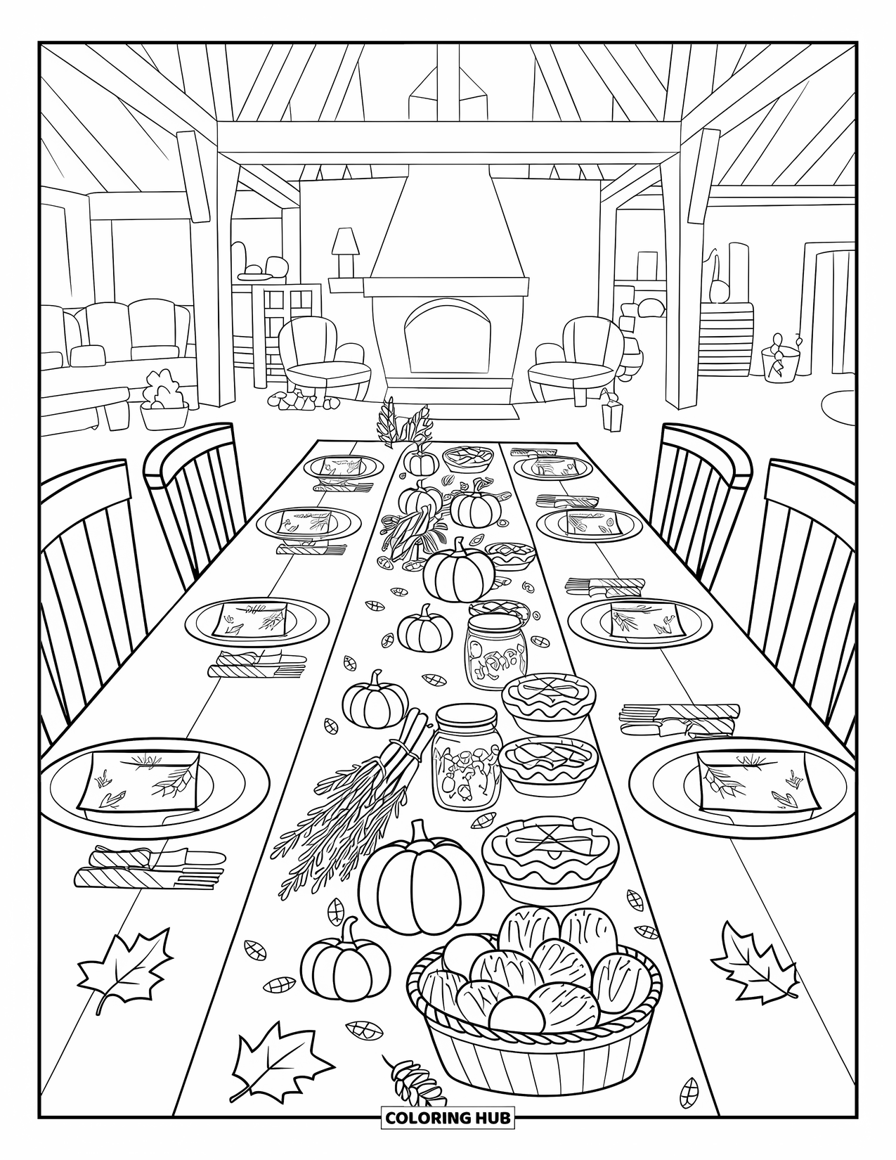 Cozy Fall Coloring Page for Kids: Cozy table set for a harvest feast with gourds, pies, and pinecones