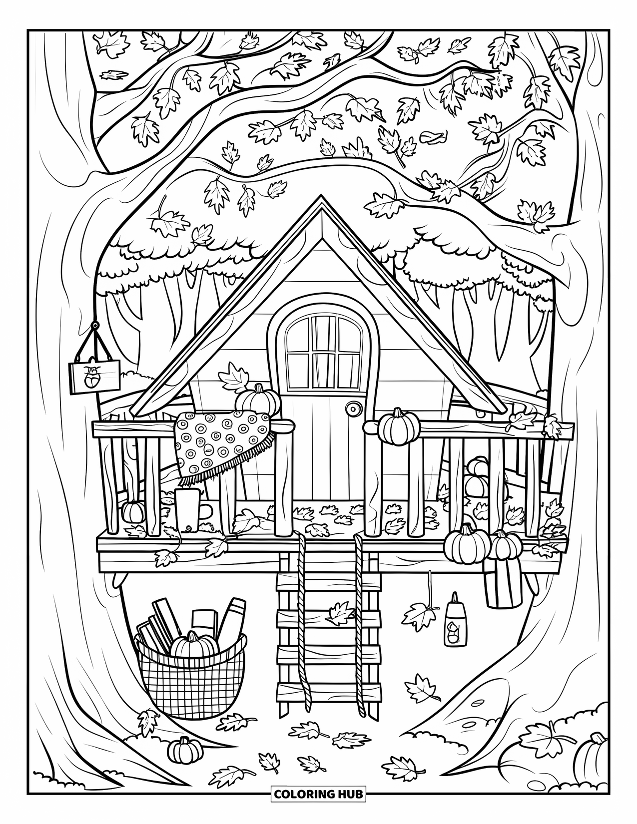 Cozy Fall Coloring Page for Kids: Cozy treehouse with a basket of books and fall leaves all around