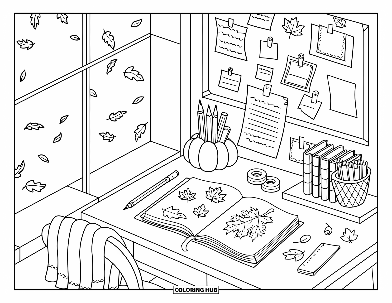 Cozy Fall Coloring Page for Kids: Desk with leaf stamps, sticky notes, and a pumpkin pencil holder by the window