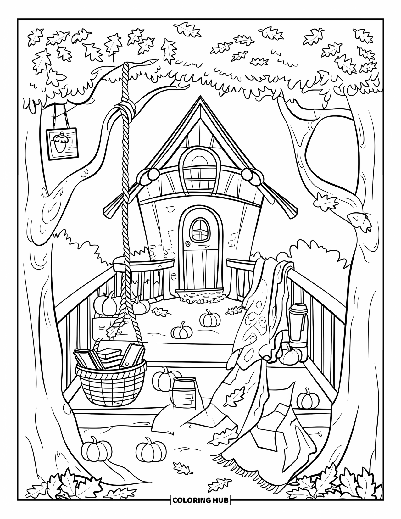 Cozy Fall Coloring Page for Kids: Fall treehouse scene with a rope ladder, pumpkins, and a cute sign