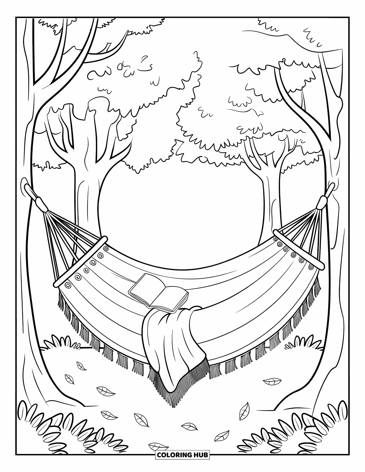 Cozy Fall Coloring Page for Kids: Hammock with a blanket and book swings between trees in the woods