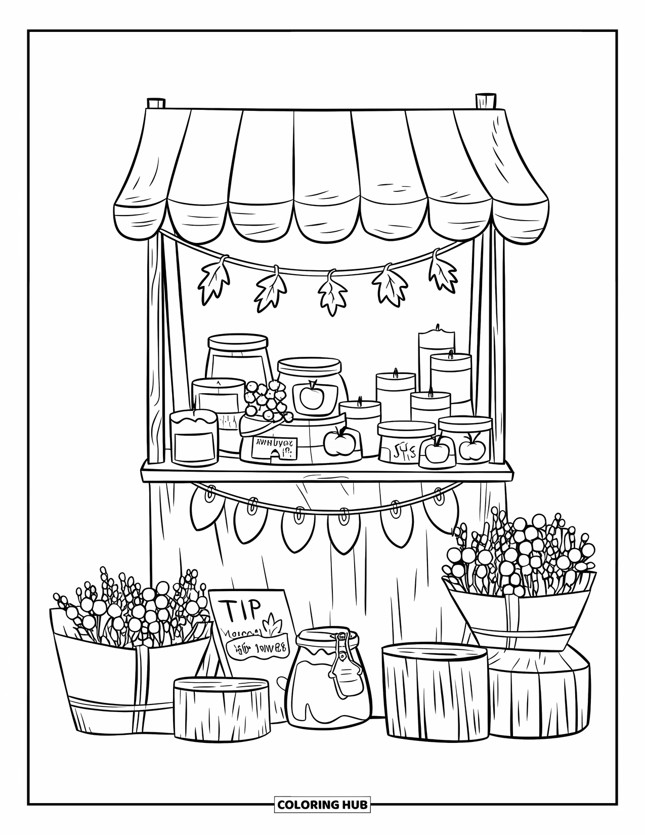 Cozy Fall Coloring Page for Kids: Leaf-decorated booth displays candles, jam jars, and paper-wrapped flowers