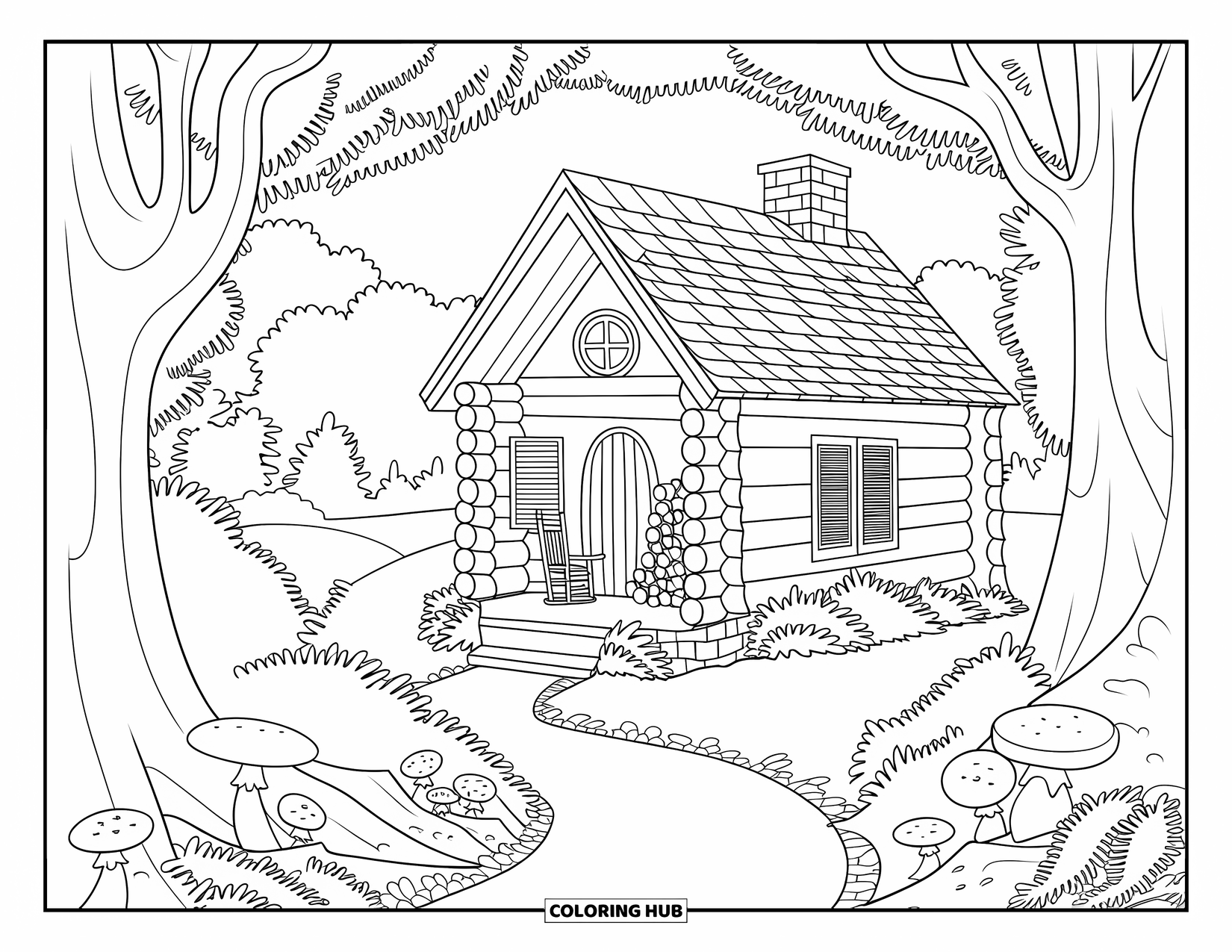 Cozy Fall Coloring Page for Kids: Little cabin with leafy trail, porch rocker, and chimney smoke curling up
