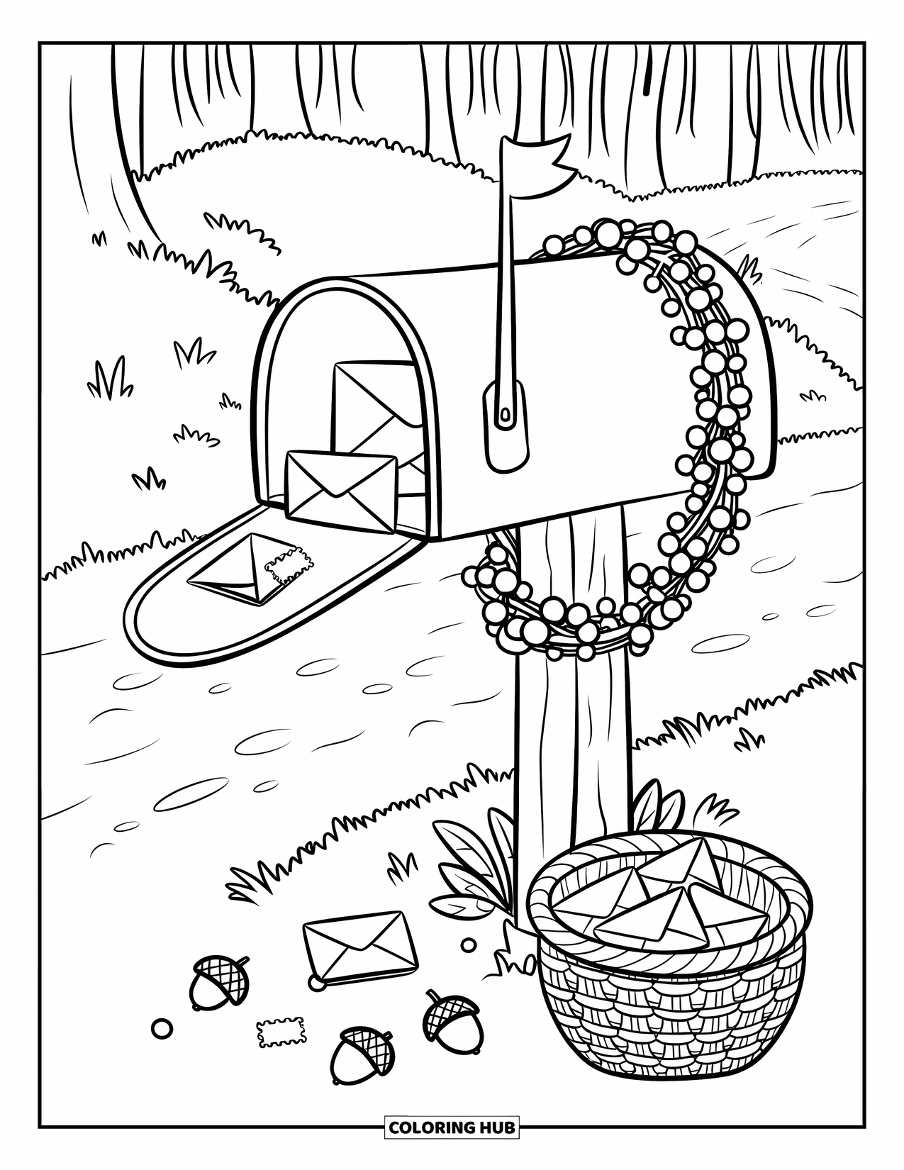 Cozy Fall Coloring Page for Kids: Mail peeks from a mailbox wrapped in leafy garland near a woodland path