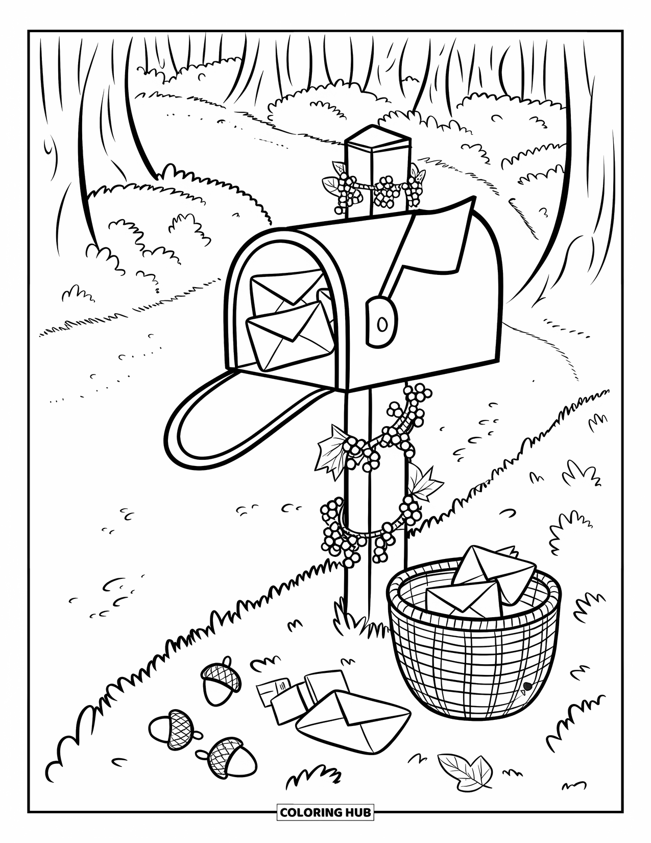 Cozy Fall Coloring Page for Kids: Mailbox with letters and a gift sits beside acorns, stamps, and a letter basket