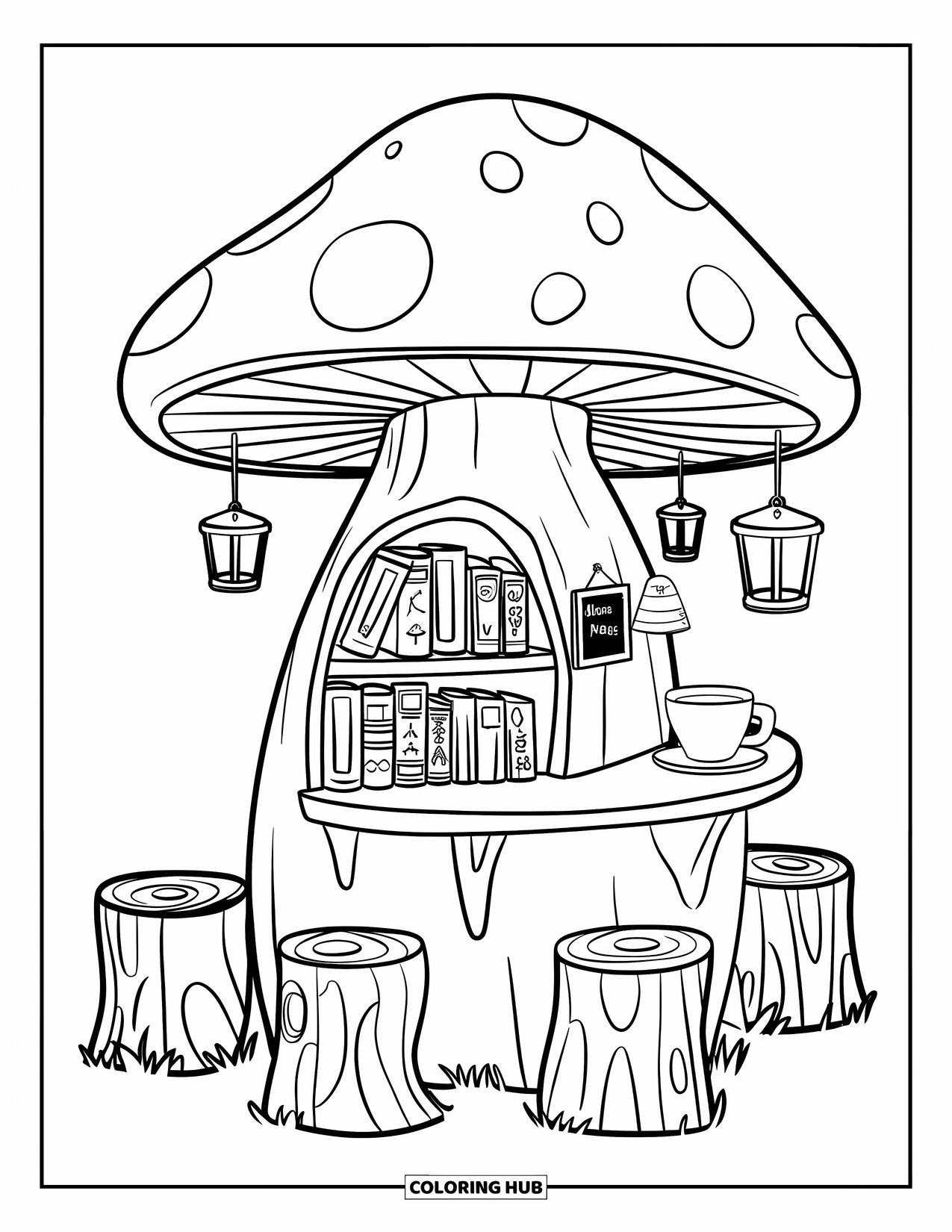 Cozy Fall Coloring Page for Kids: Mushroom café with book nook, teacup, and hanging lanterns in the forest