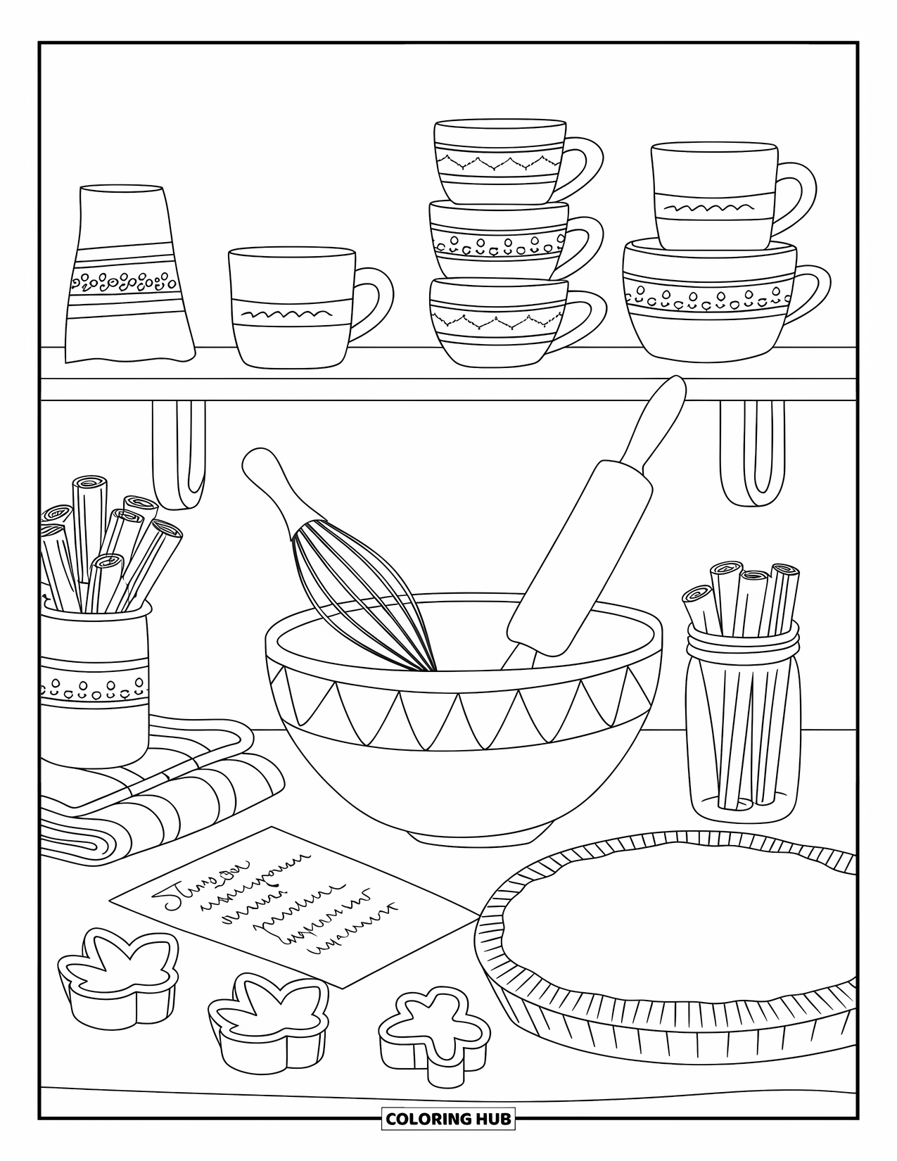 Cozy Fall Coloring Page for Kids: Pie crust, cinnamon sticks, and a towel rest on a baking-ready kitchen counter