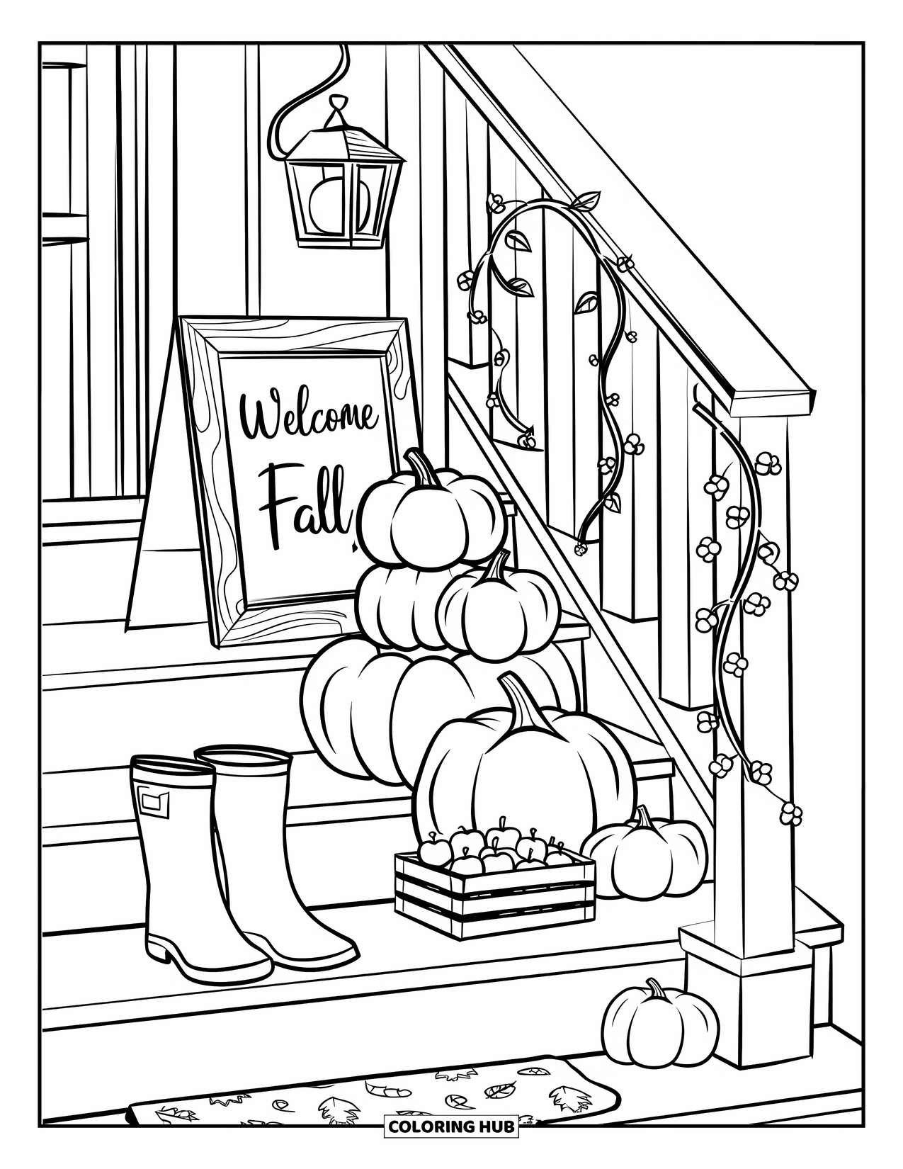 Cozy Fall Coloring Page for Kids: Porch with a "Welcome Fall" sign, pumpkins, boots, and a crate of apples