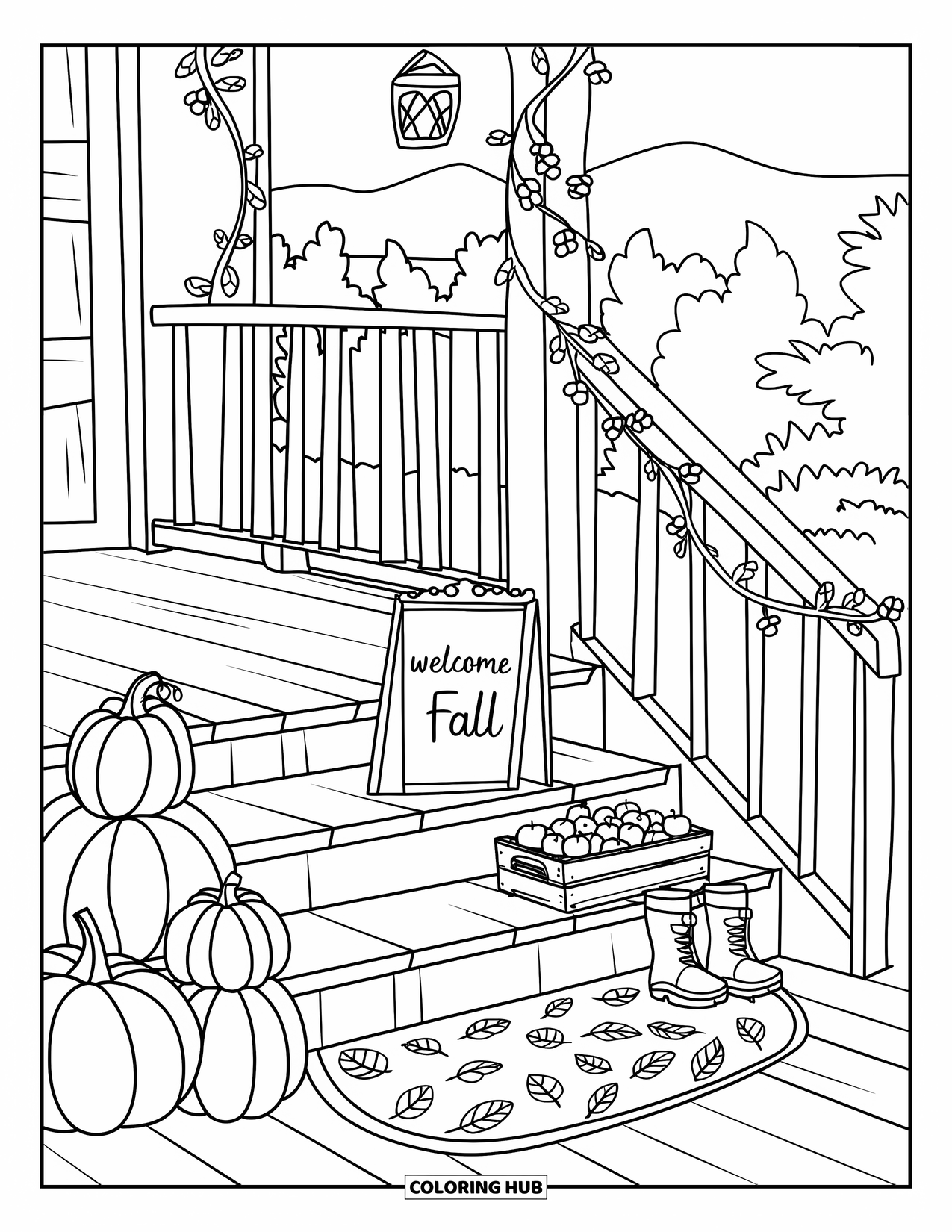 Cozy Fall Coloring Page for Kids: Porch with pumpkins, vines, boots, and a hanging lantern glowing softly