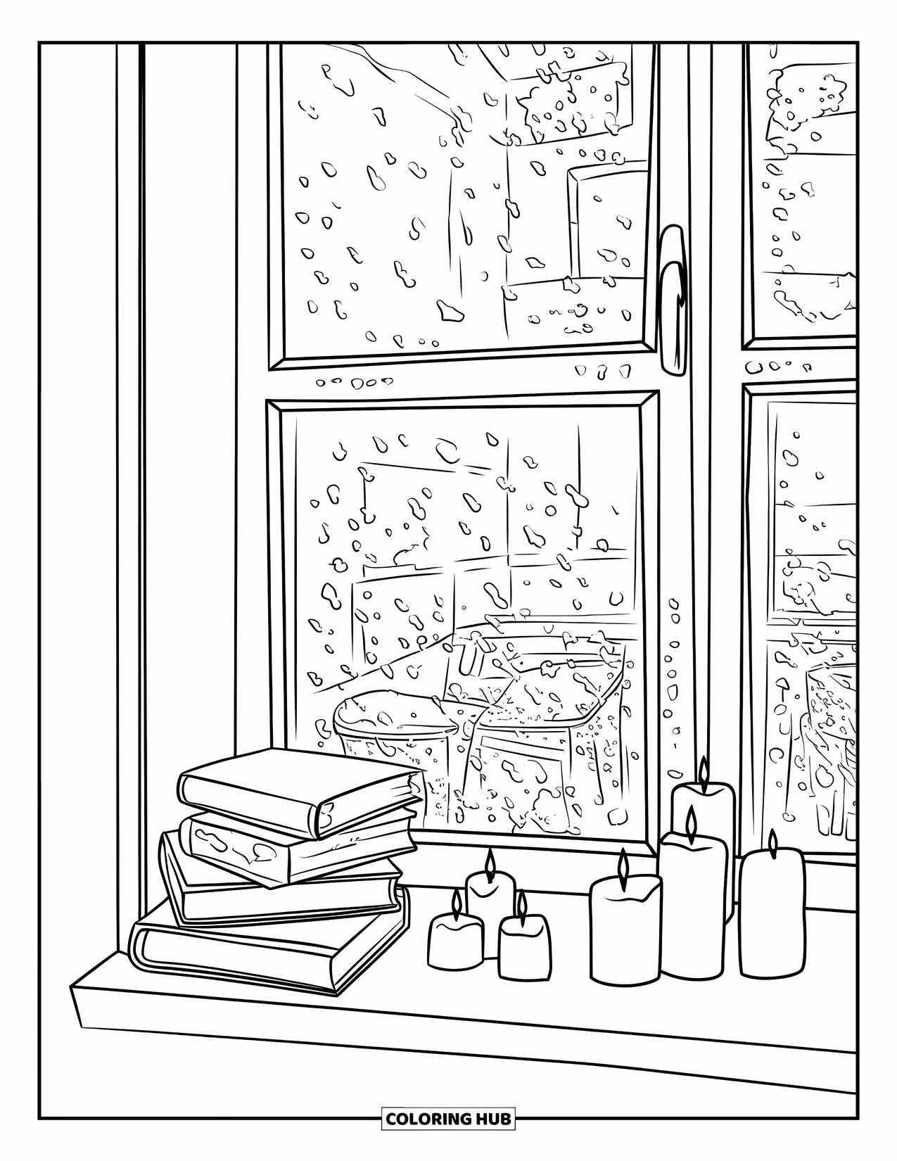 Cozy Fall Coloring Page for Kids: Rain-splashed window with candles and books in a quiet room