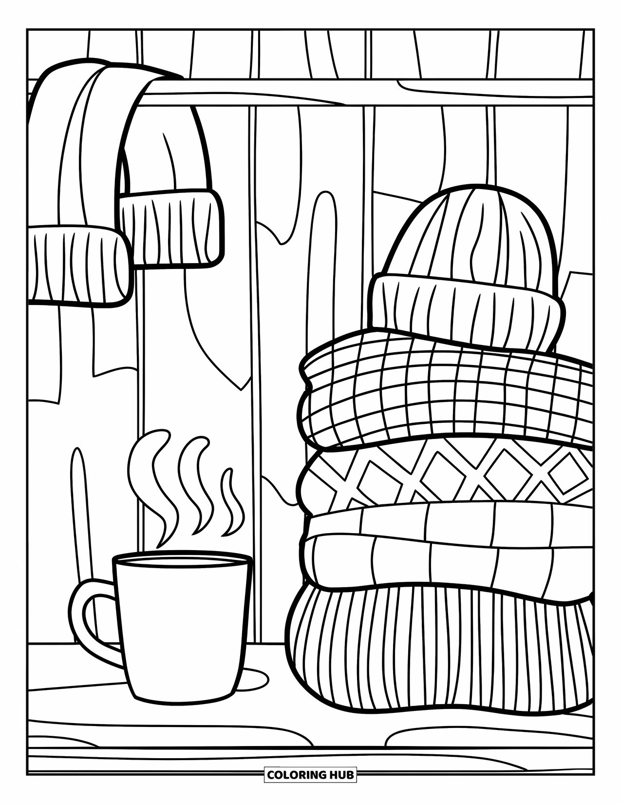 Cozy Fall Coloring Page for Kids: Stack of sweaters with a steaming mug and a cozy scarf
