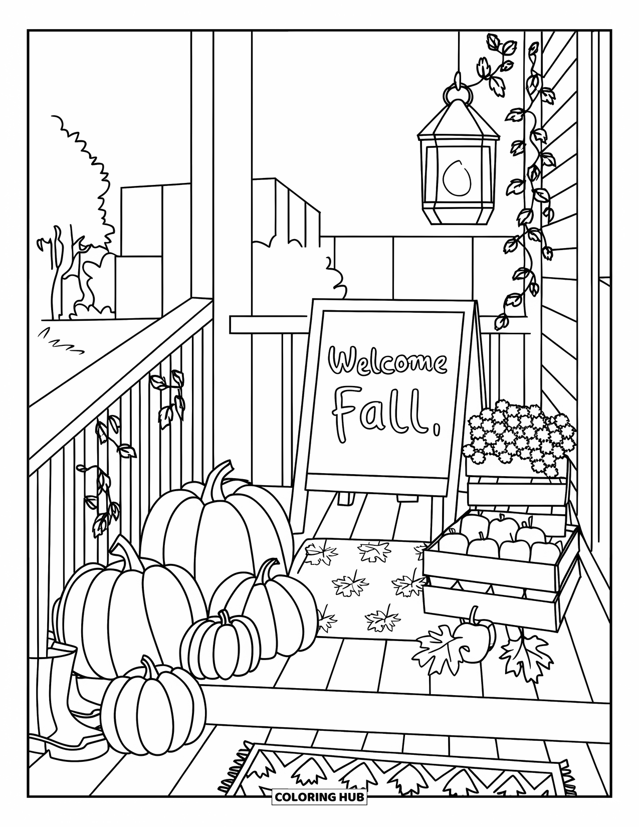 Cozy Fall Coloring Page for Kids: Stacked pumpkins, boots, and a crate of apples sit on a cozy front porch