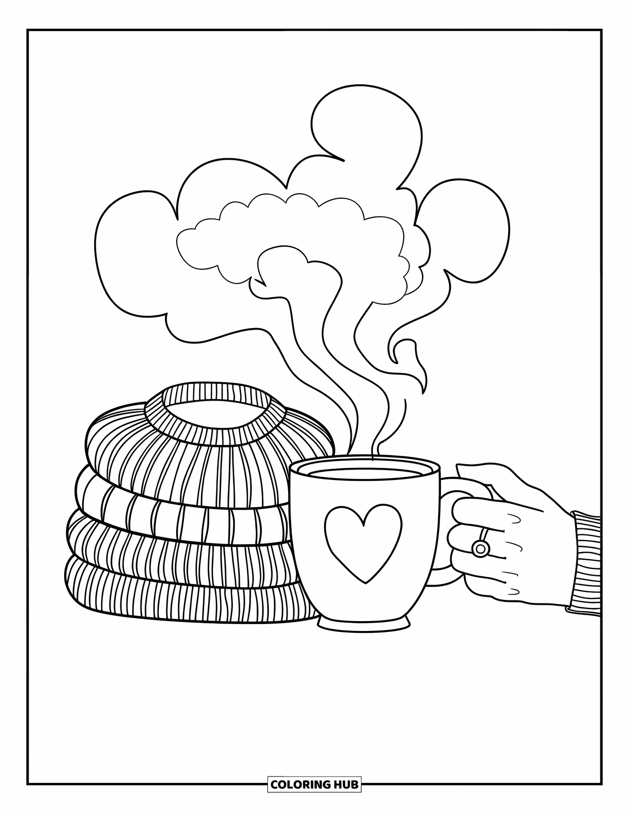Cozy Fall Coloring Page for Kids: Sweater stack and a warm mug with a heart on it