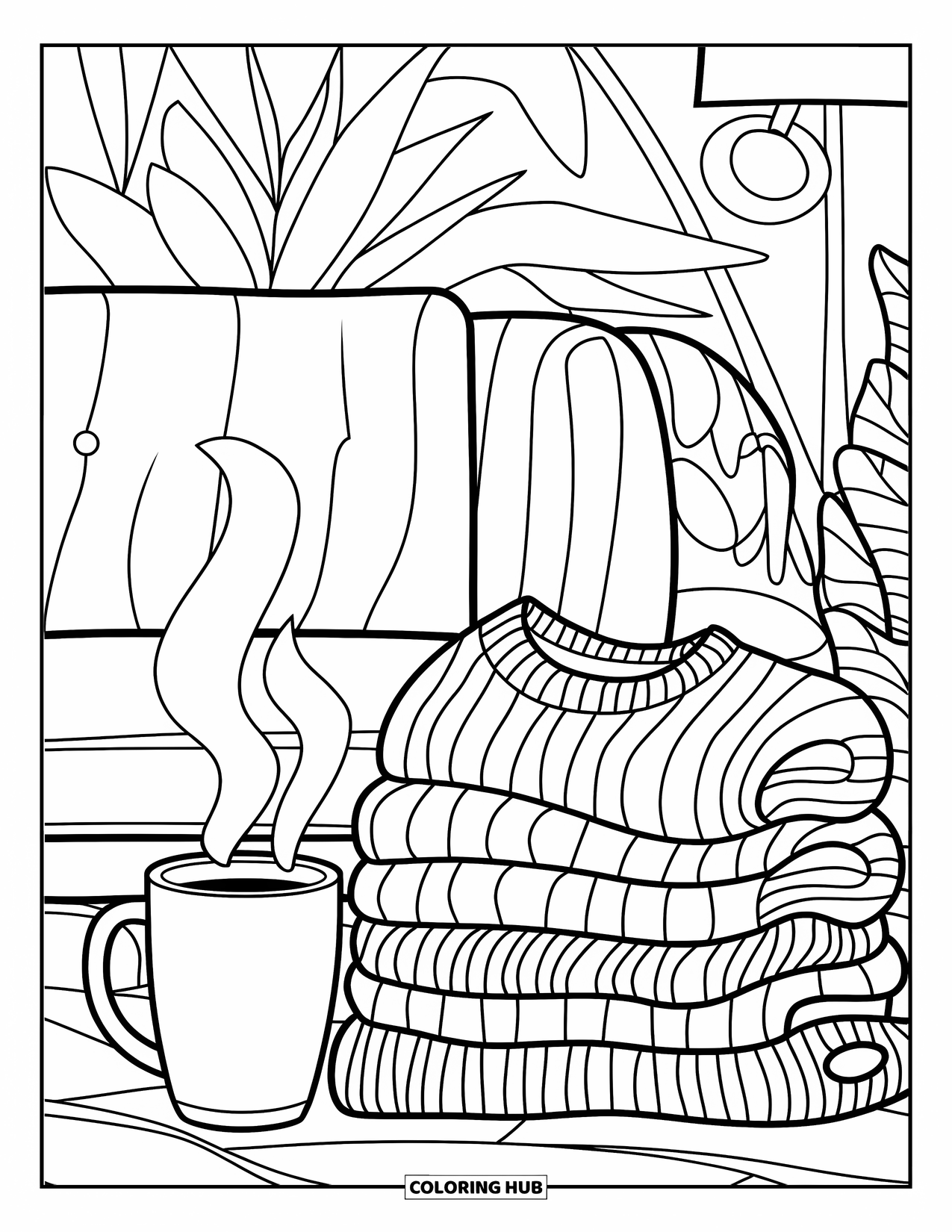 Cozy Fall Coloring Page for Kids: Sweaters, mug, and cookie nestled in a cozy wooden crate