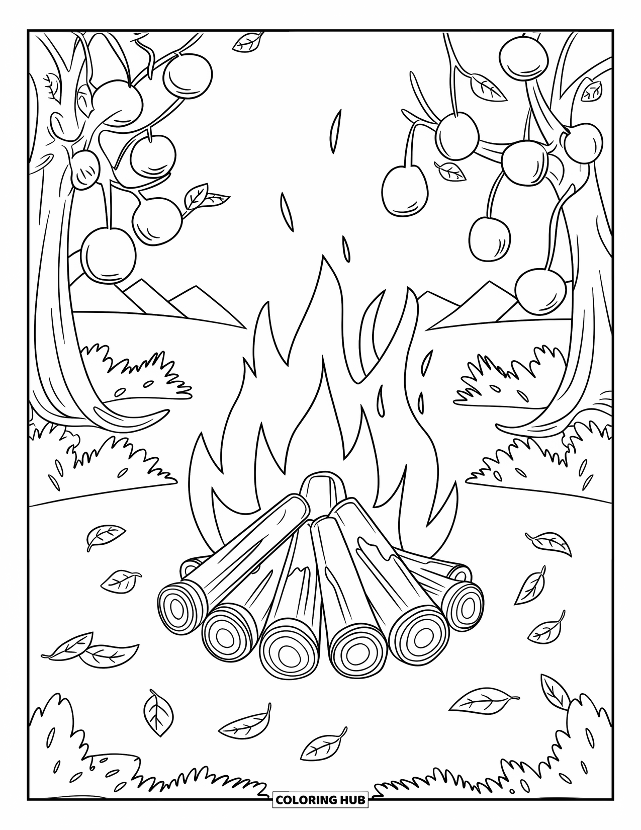 Cozy Fall Coloring Page for Kids: Toasty campfire with marshmallows, trees, and fallen leaves all around