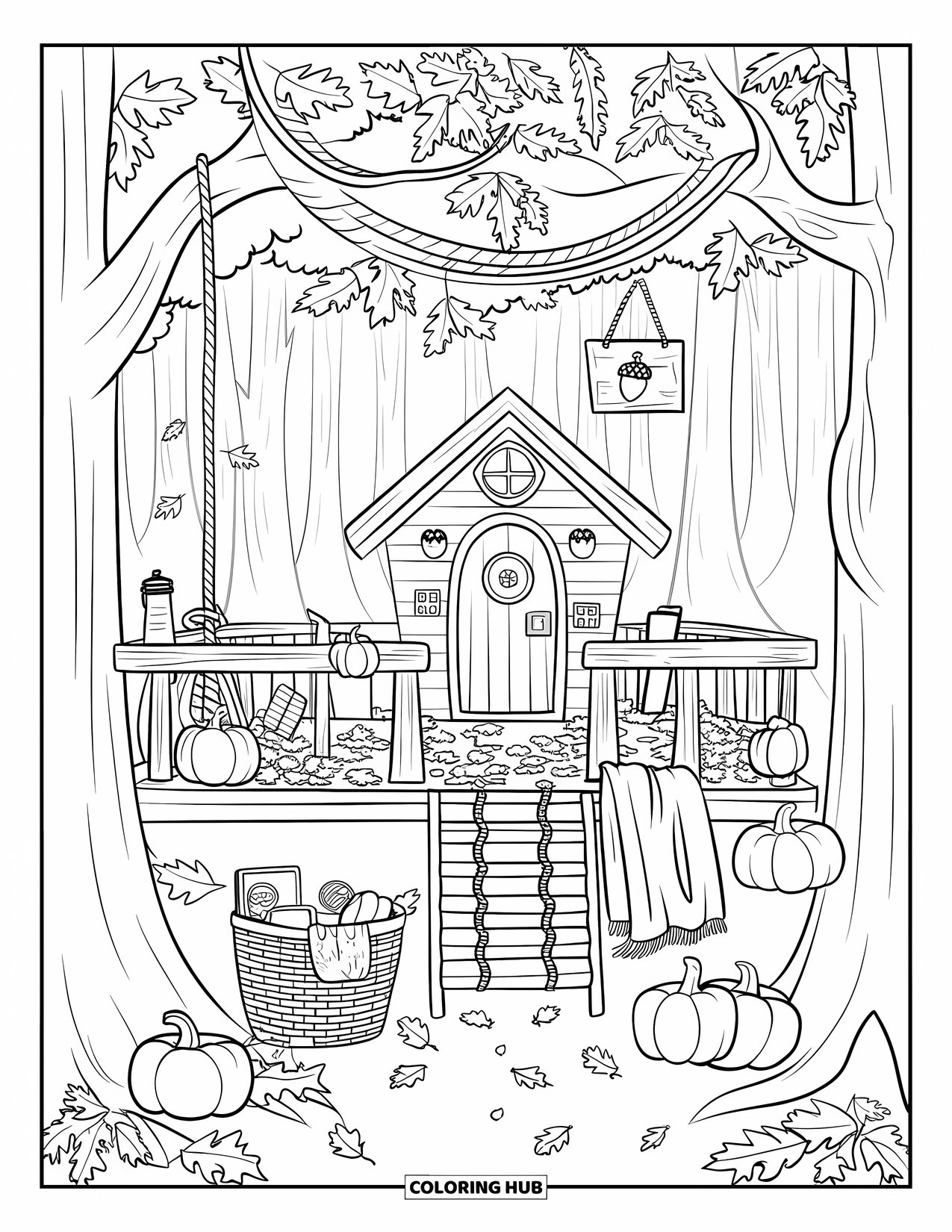 Cozy Fall Coloring Page for Kids: Treehouse deck with pumpkins, cookies, and an acorn sign among leafy branches