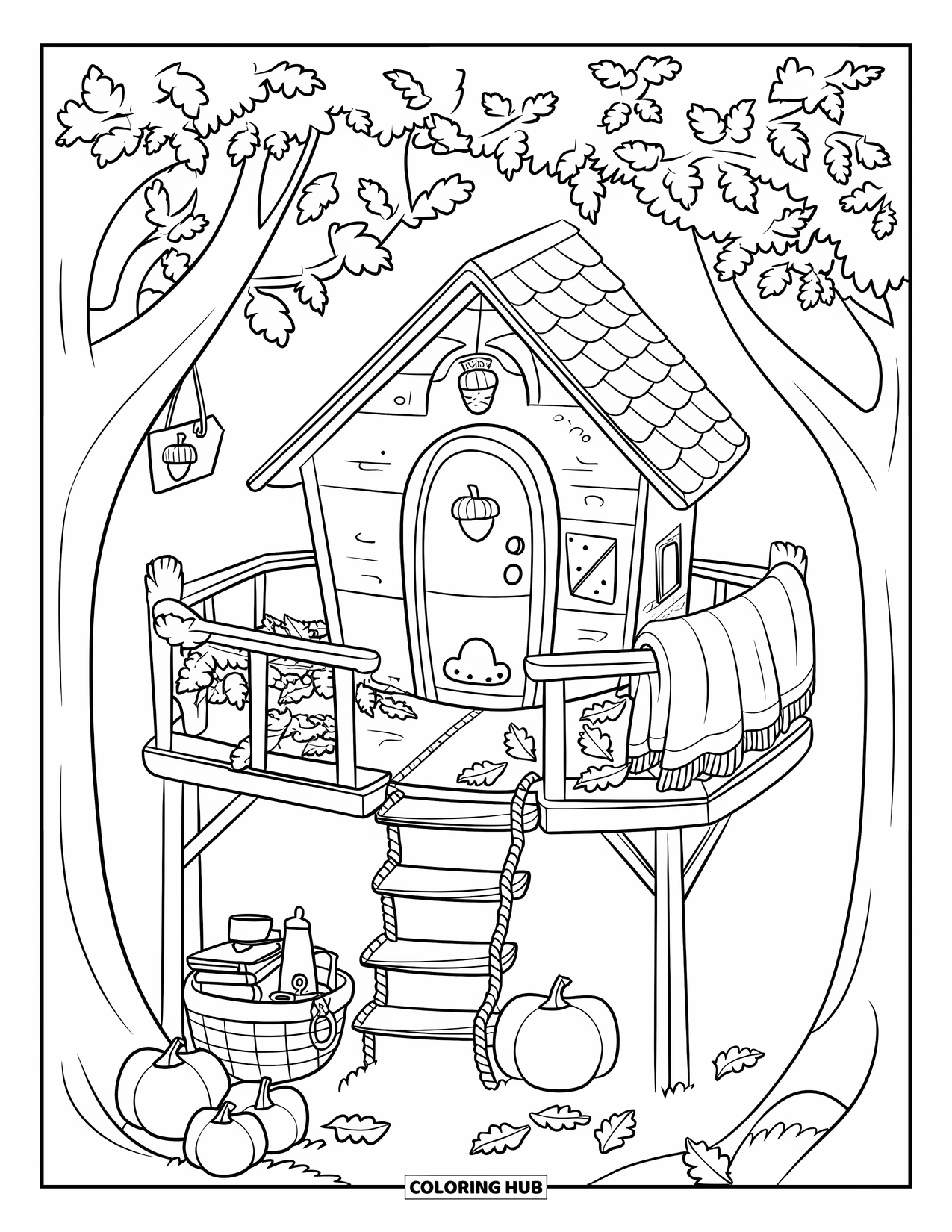 Cozy Fall Coloring Page for Kids: Treehouse with pumpkins, books, and a cozy blanket hangs between trees