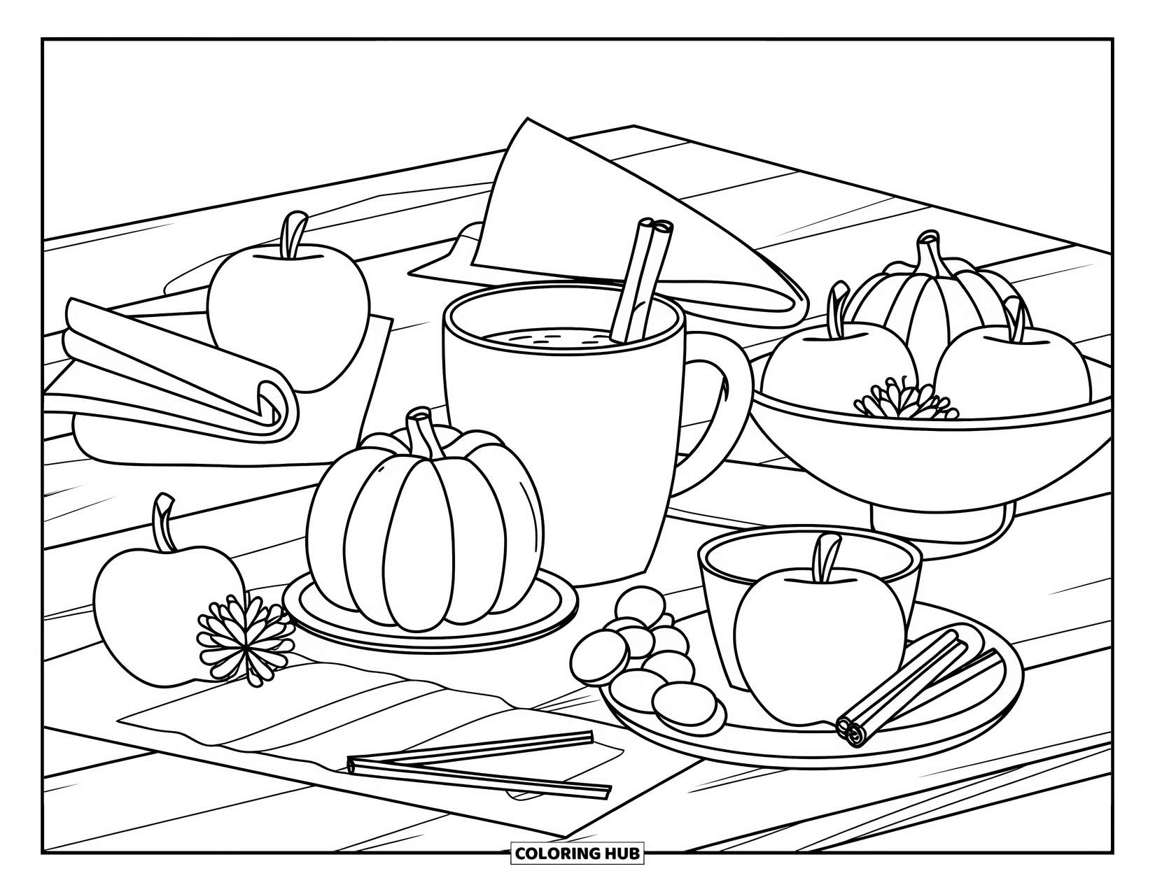 Cozy Fall Coloring Page for Kids: Wooden table with a mug of cocoa, cinnamon stick, and fall snacks
