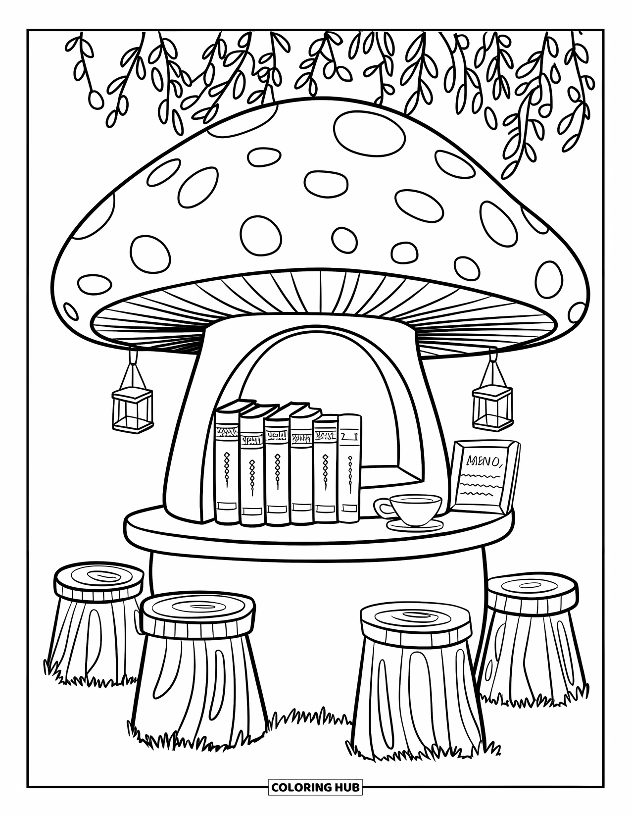 Cozy Fall Coloring Page for Kids: Woodland café stall shaped like a mushroom with books, tea, and stump stools