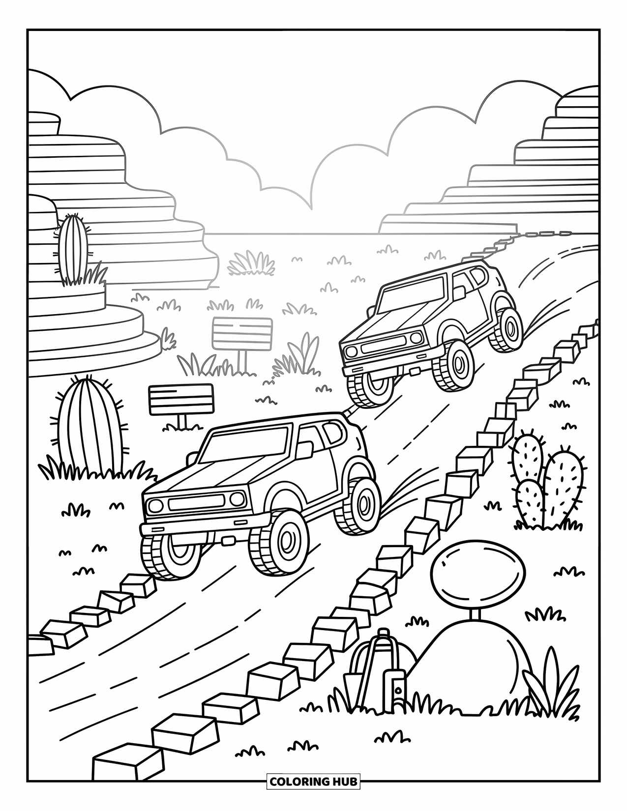 Derby Car Coloring Page for Adults: A bold car leaps from a ramp during an off-road race through the desert