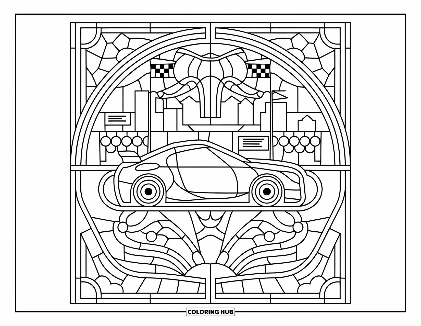 Derby Car Coloring Page for Adults: A derby car is surrounded by a stained glass world of tracks and skyline
