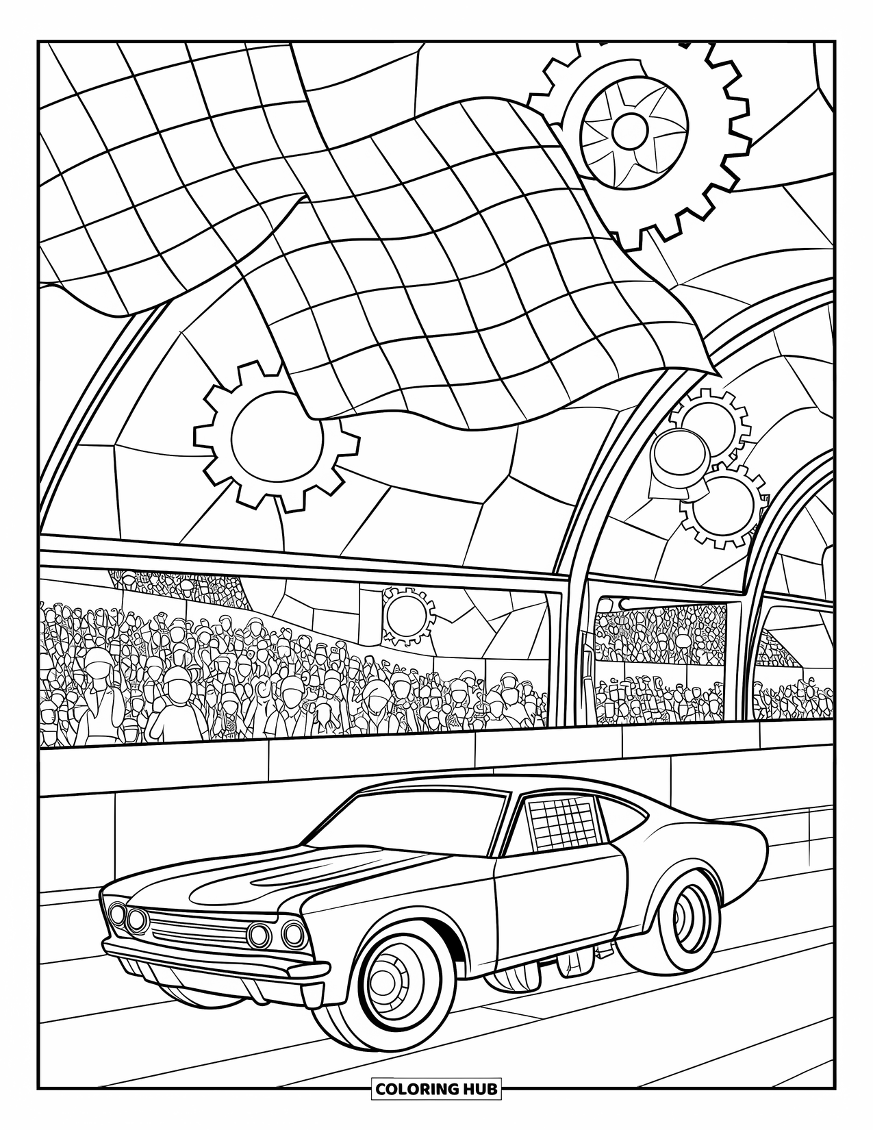 Derby Car Coloring Page for Adults: A derby car races with checkered flags and gears shining in stained glass