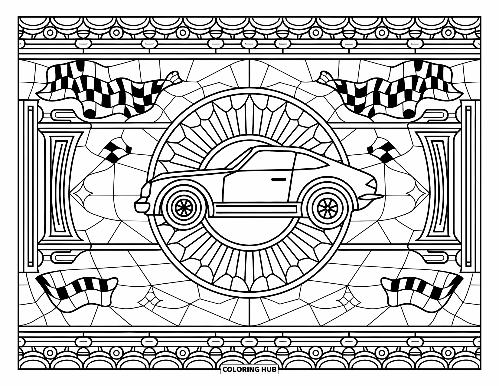 Derby Car Coloring Page for Adults: A derby car shines in the center of stained glass filled with racing flags