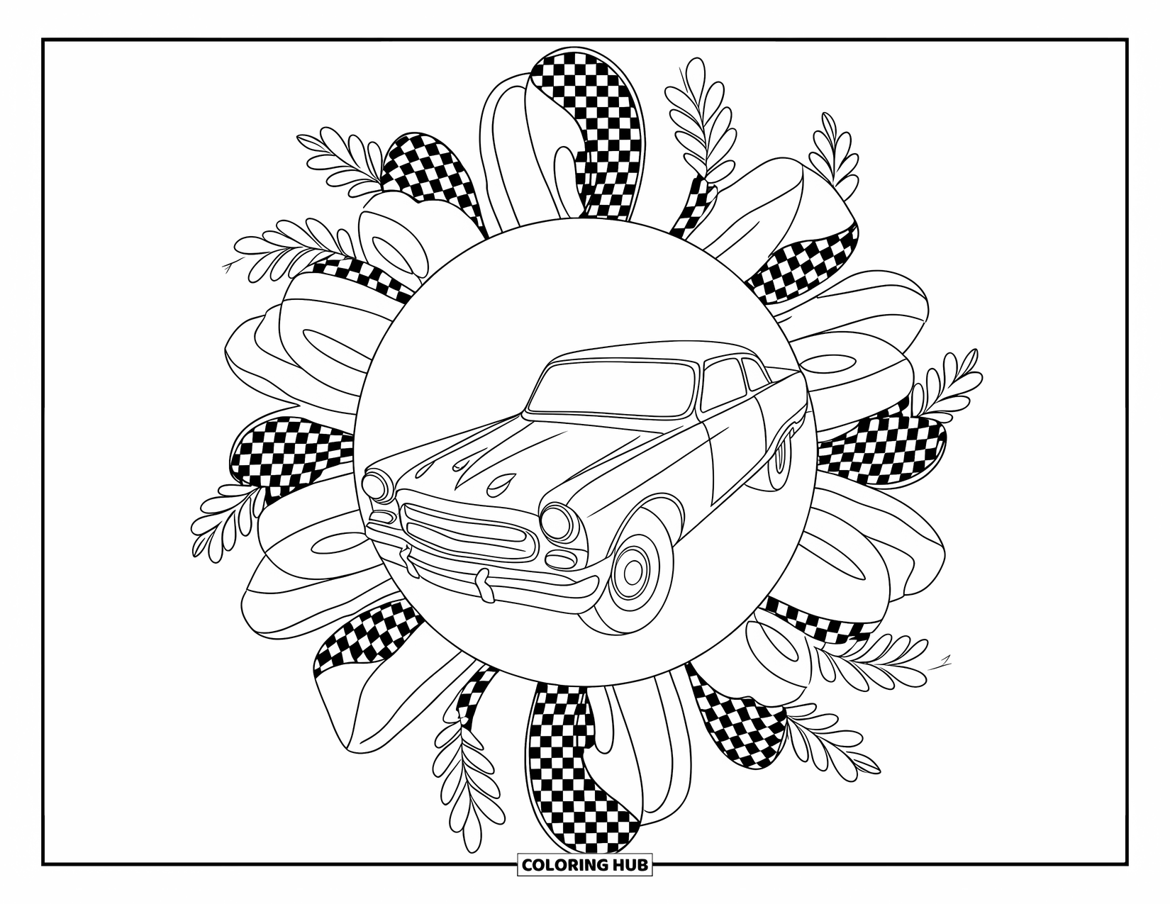 Derby Car Coloring Page for Adults: A derby car sits in the center of a mandala made of ribbons and laurels