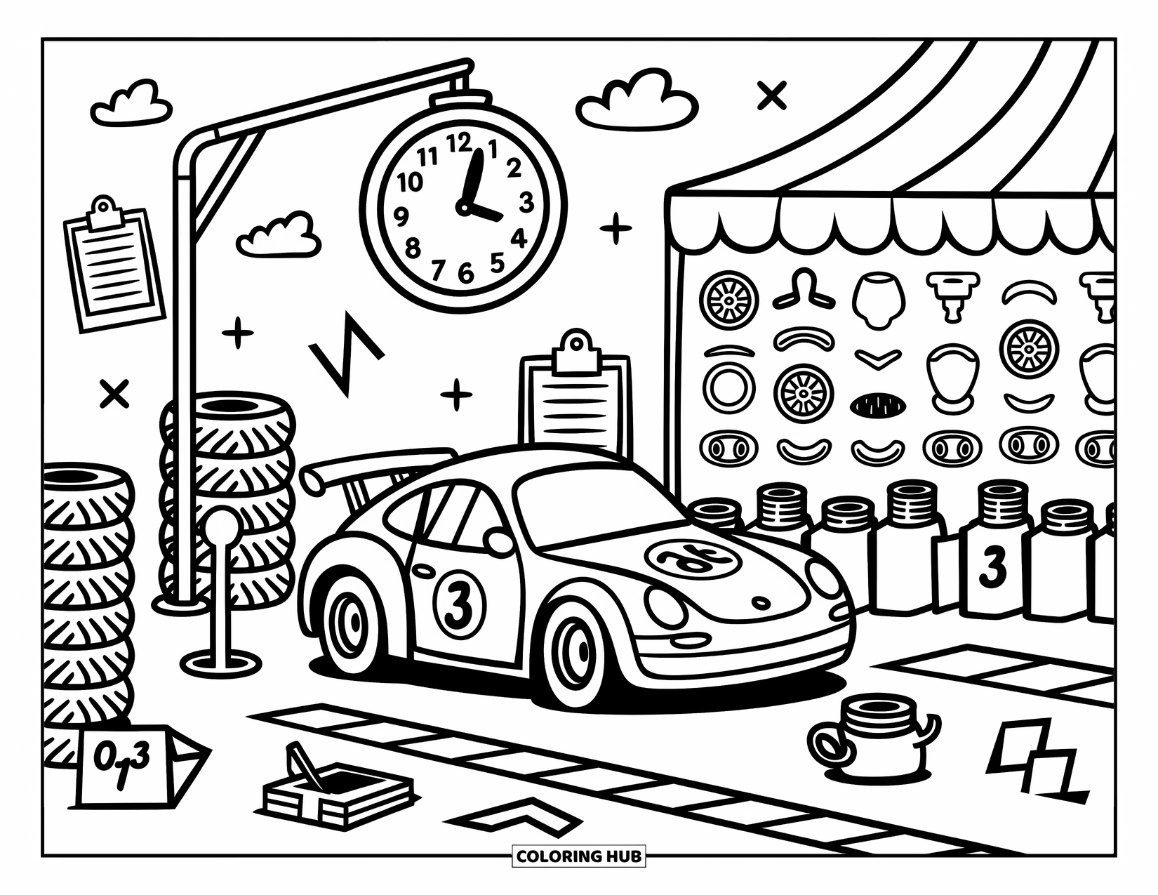 Derby Car Coloring Page for Adults: A fun-filled pit stop scene with a race car and tiny tools all around