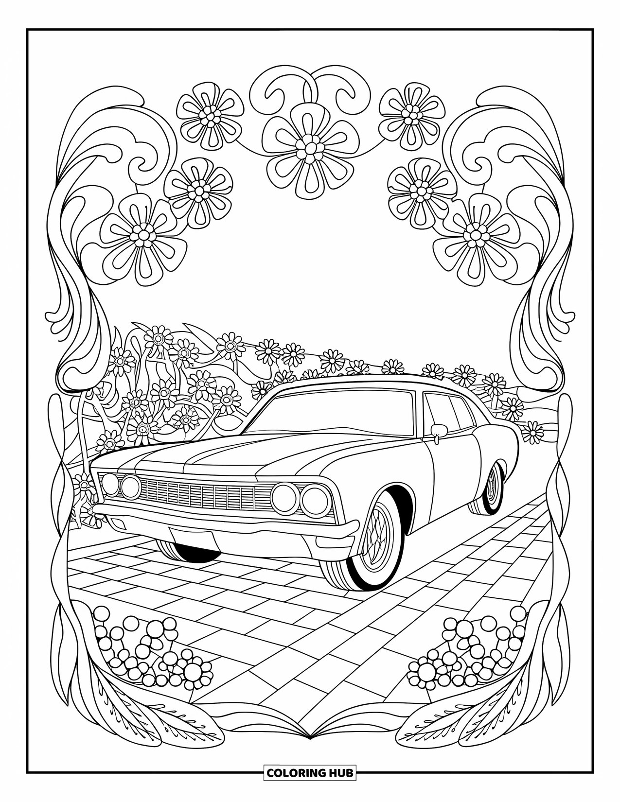 Derby Car Coloring Page for Adults: A parked race car rests among flowers and leaves on a quiet brick road
